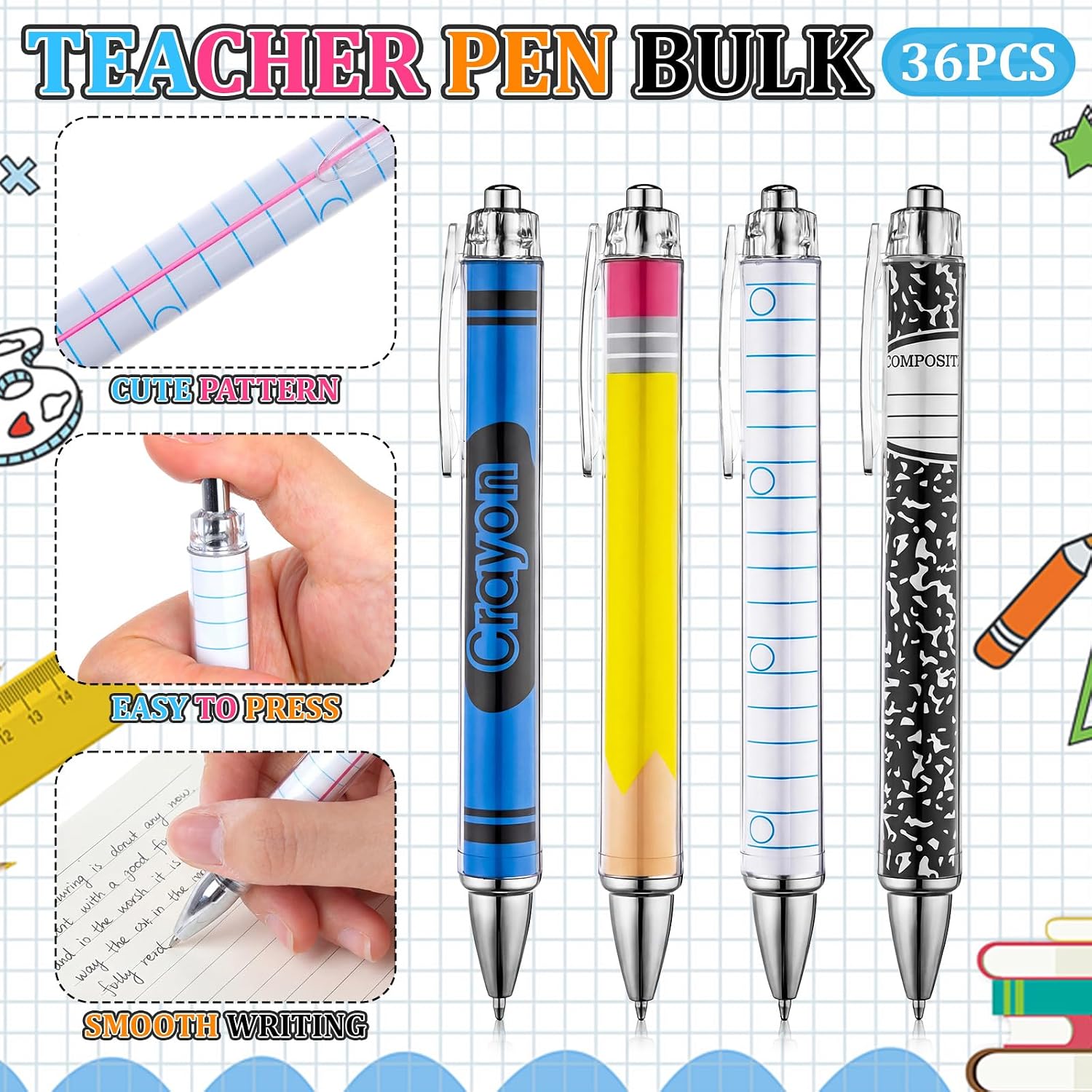 AmazingSpark 36 Sets End of Year Teacher Gifts, Jumbo Acrylic Paper Clips&Teacher Ballpoint Pens, Cute Paperclip Bookmarks Bulk for Back to School, Office Stationery Supplies for Coworkers (4 Style)