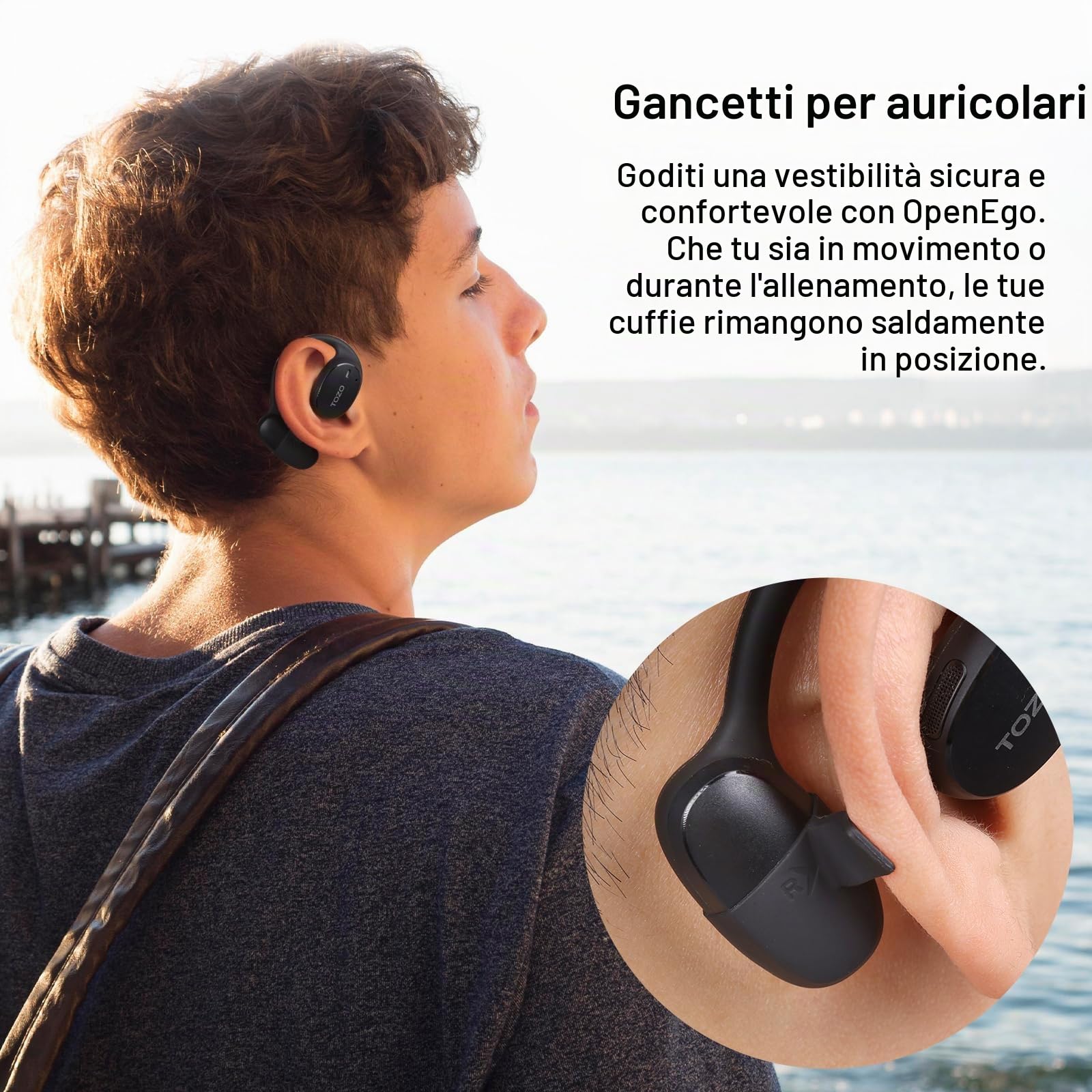 TOZO OpenEgo Cuffie Bluetooth 5.3 com ORIGX Acustica Ultraleggero | Auricolari Open Ear, 16.2mm Controllore, ENC Chiamata, EQ Regolazione, Comfort Garantito per Corsa, Viaggi e Ufficio