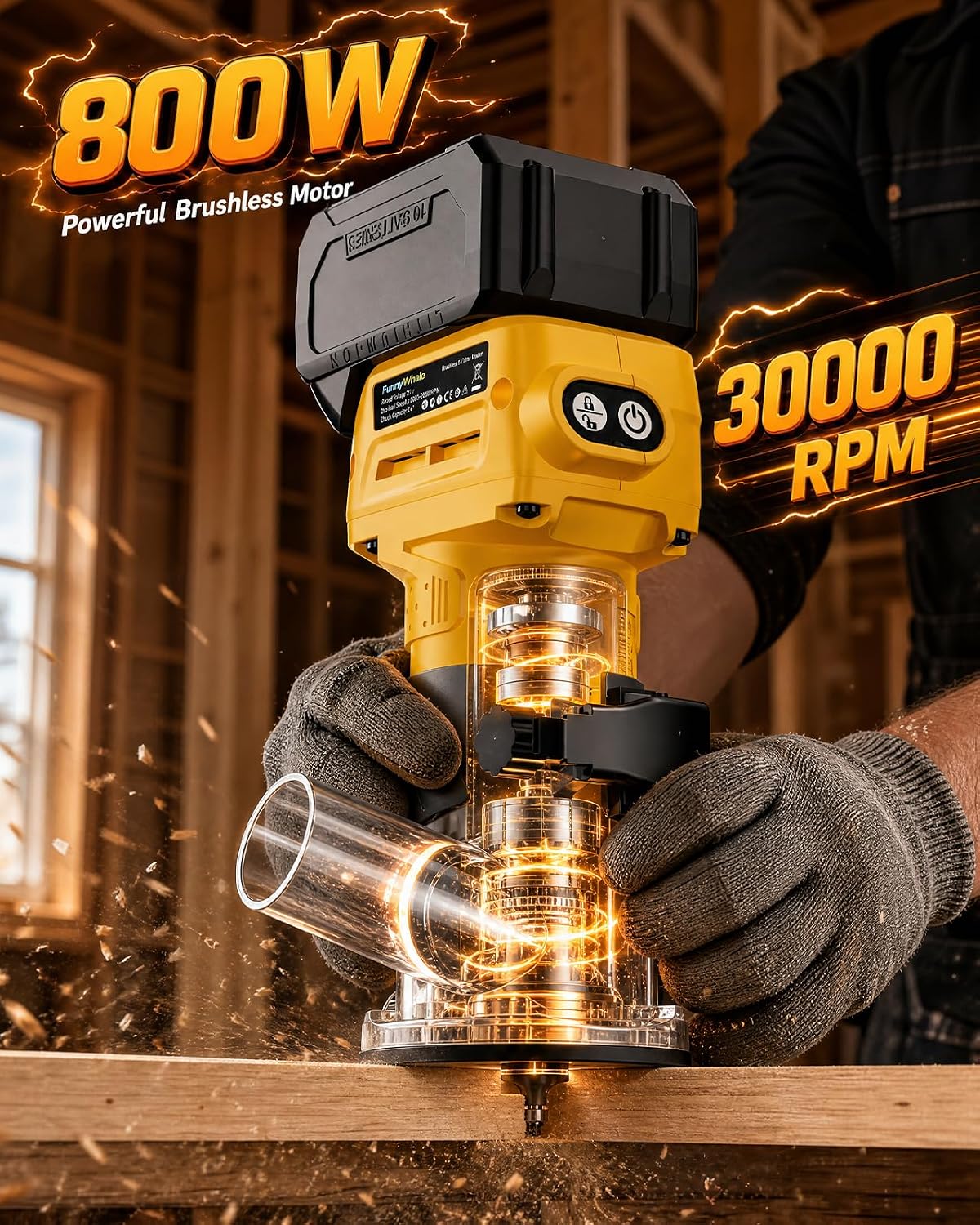 Cordless Wood Router Compatible with DeWalt 20V Battery(No Battery) | 30000RPM Brushless Motor,6 Speeds,Depth Adjustment,Aluminum Base,LED Light and 1/4" Shank Router Bits for Woodworking