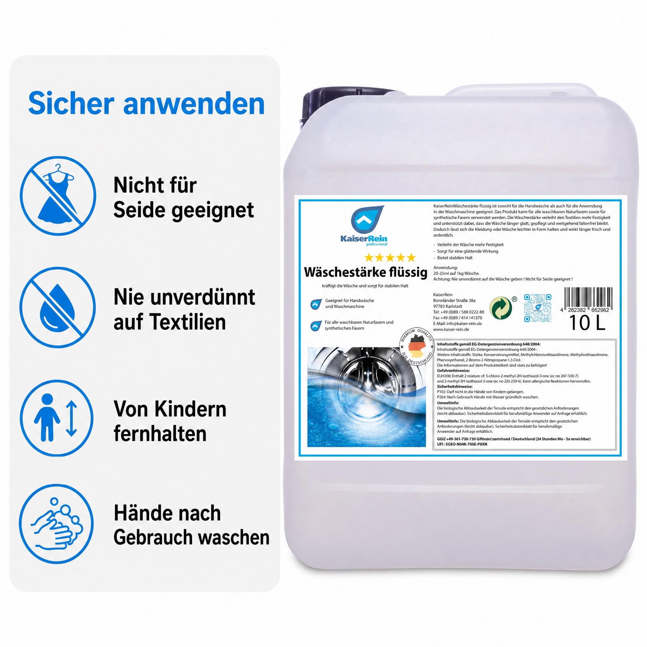 KaiserRein Wäschestärke flüssig 10 L, Wäschesteife für stabilen Halt & glattes Finish, Bügelstärke für Waschmaschine & Handwäsche, für Natur- & Synthetikfasern (nicht für Seide), dosierbar