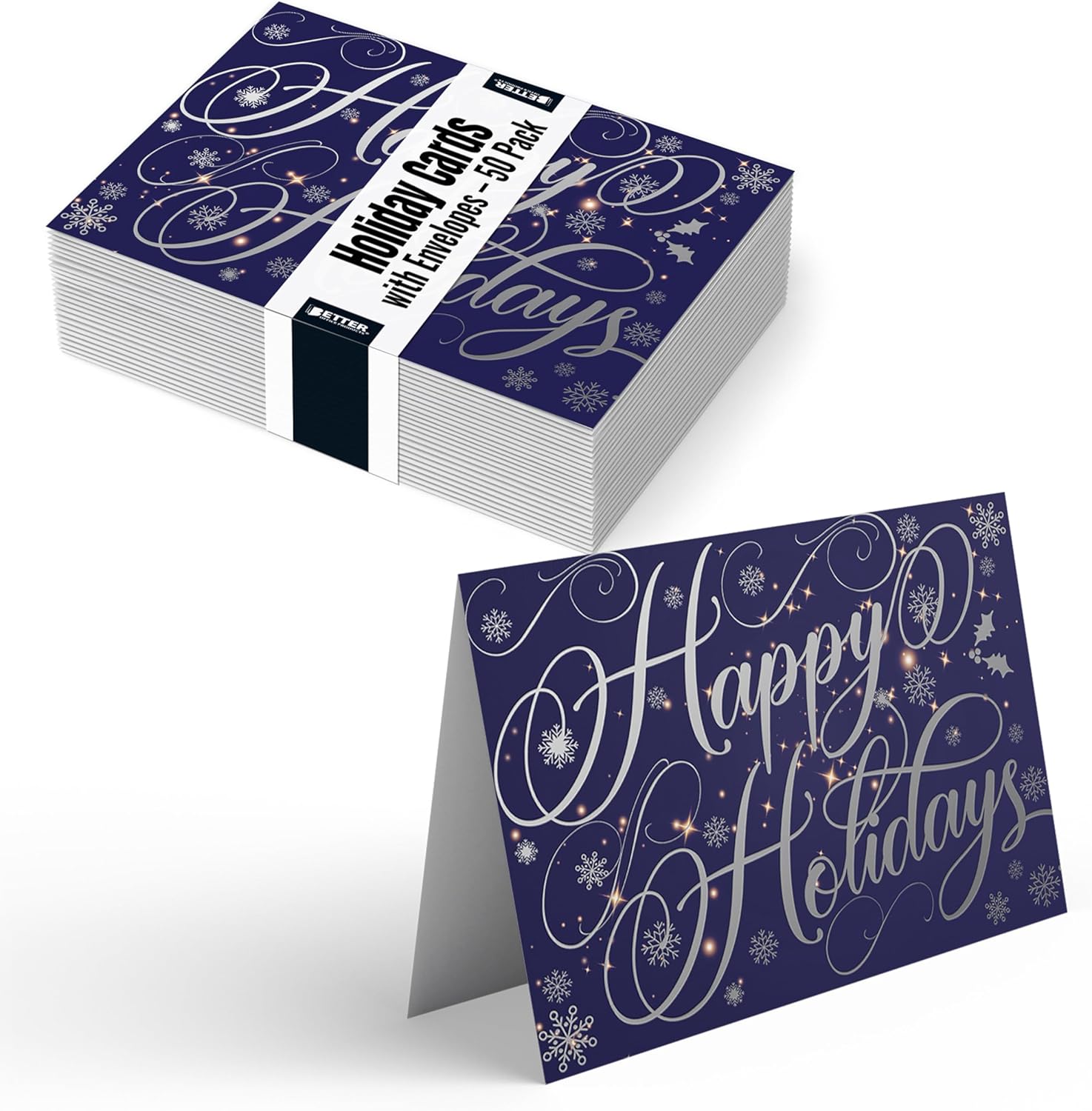 Better Office Products 50 Pack Happy Holidays Cards with Silver Foil Accents, 5x7 High Gloss Christmas New Year Cards, 50 Envelopes Included