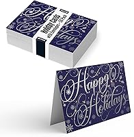Better Office Products 50 Pack Happy Holidays Cards with Silver Foil Accents, 5x7 High Gloss Christmas New Year Cards, 50 Envelopes Included