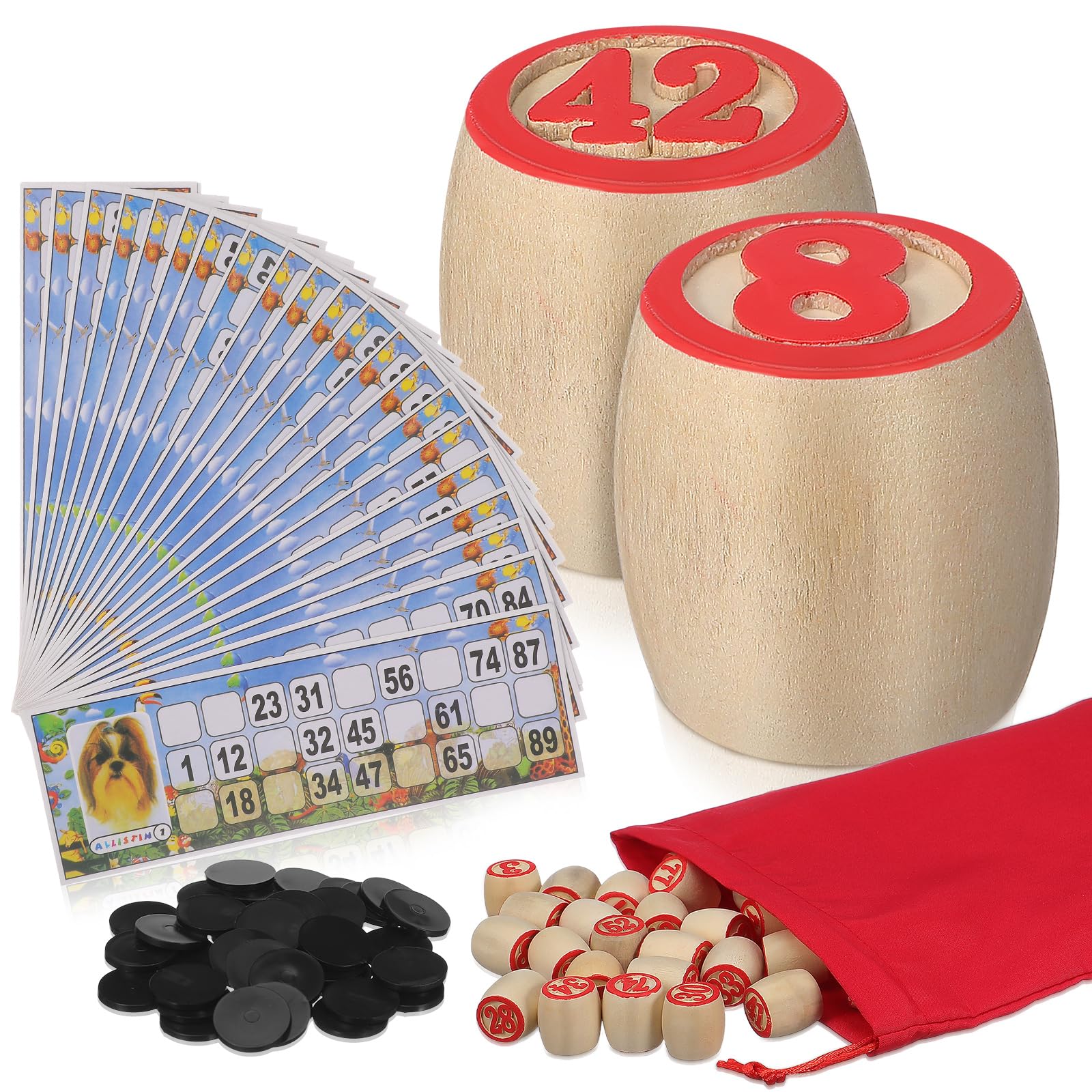 Set Gioco Bingo Russo in Legno, Lotto Numerico, per Adulti | Carte di Estrazione Incluse, Accessori da Festa, Set Leggero per Attività in Famiglia