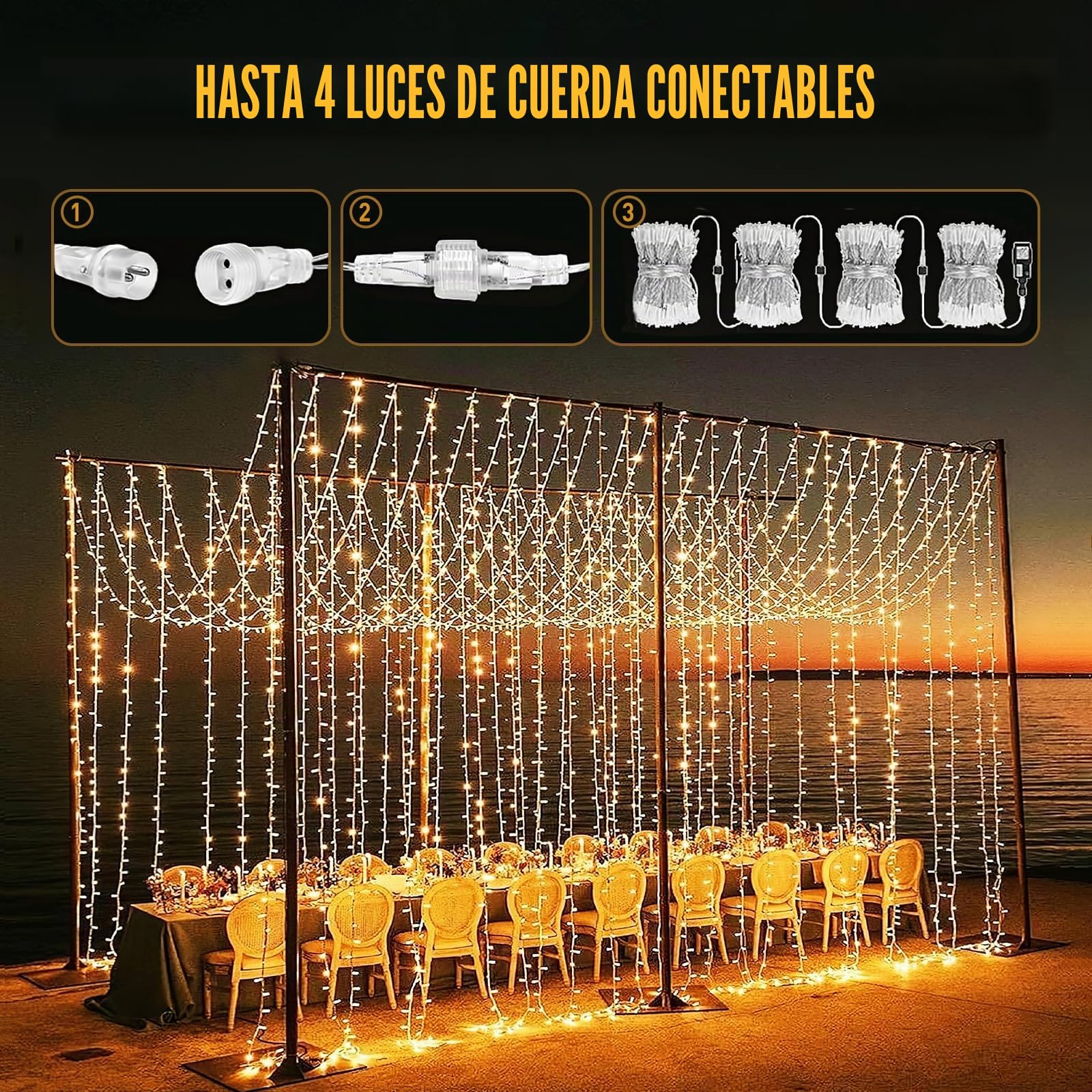 GlobaLink Cortina Luces Exterior 6Mx3M, Luces 144LEDs-Blanco Cálido