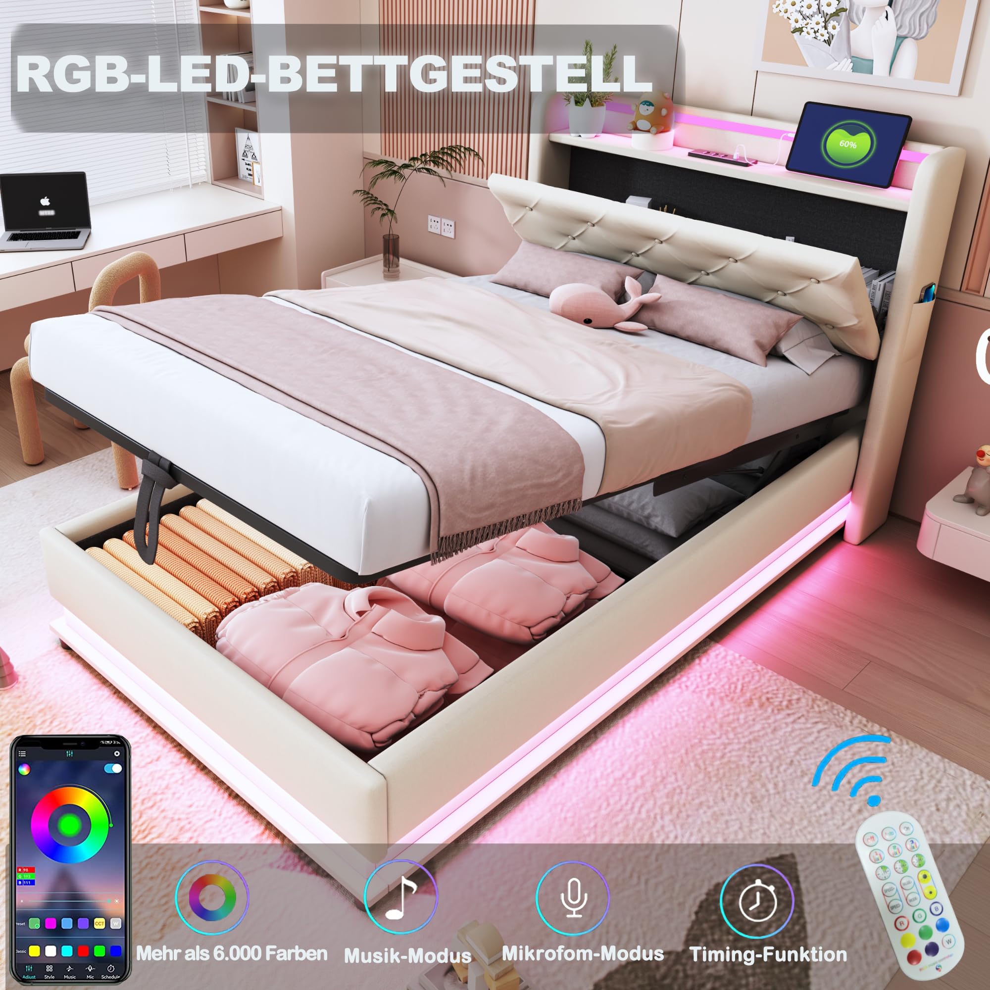 Ymkua Letto Imbottito Letto Singolo 90x200 cm, Bed contenitore con LED e USB Porta, Idraulici Bed frame per Bambini con Struttura Rete a Doghe e Testata Ribaltabile, Linen, Senza Materasso (Beige)