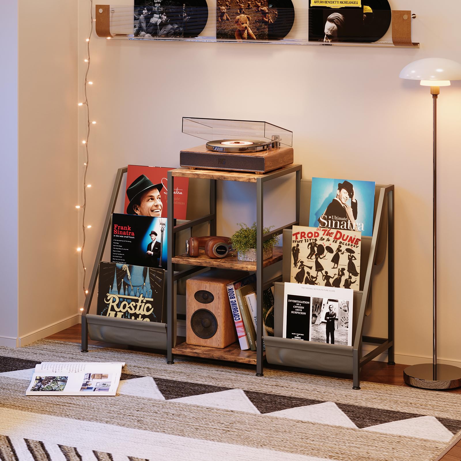 Record Player Stand, Turntable Stand with 3-Tier Vinyl Record Storage, Record Player Table 280 Albums, End Table with Vinyl Display Holder Shelf, Record Player Cabinet Media Console for Stereo