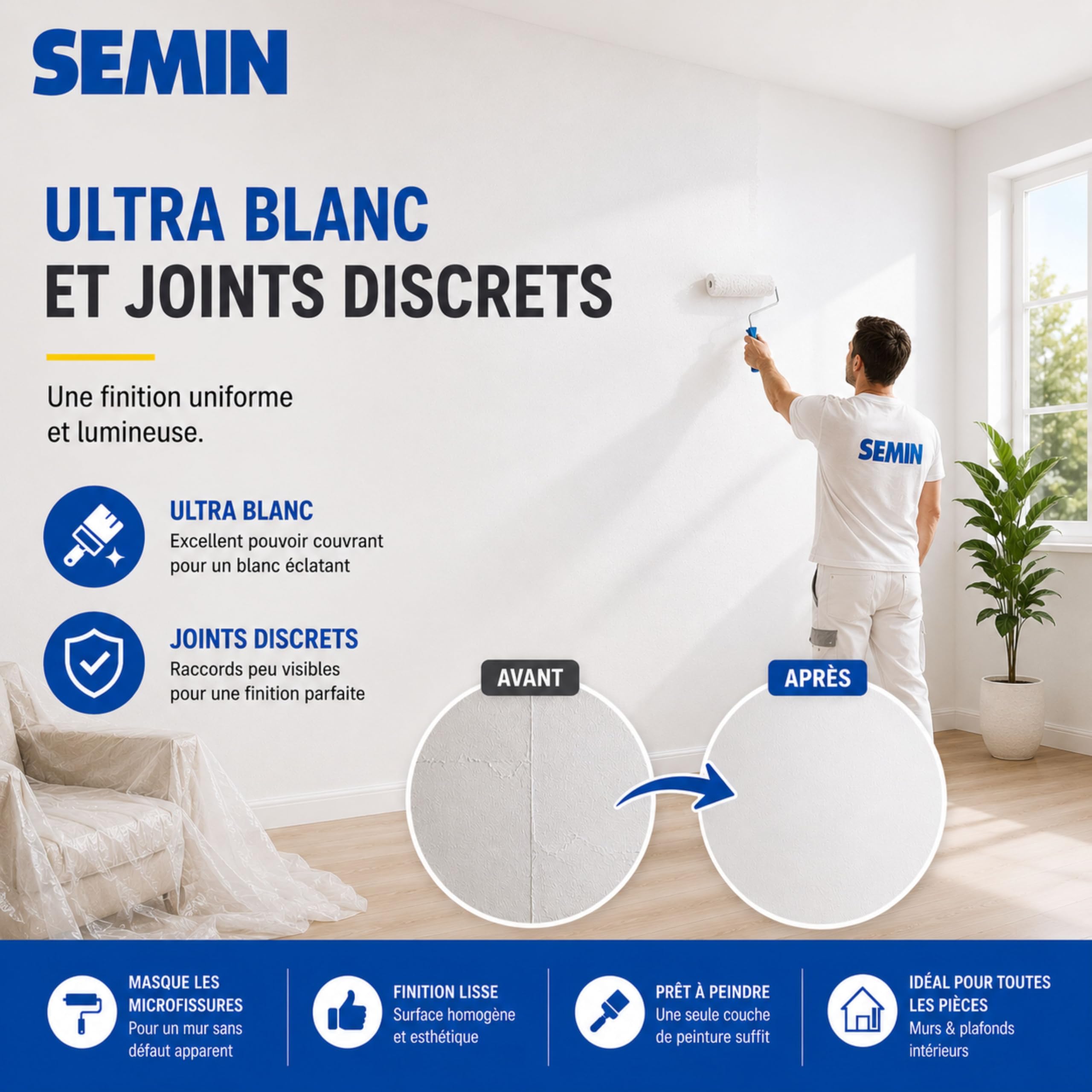 SEMIN Sem-Renov ECO – Revêtement Lisse de Rénovation à Peindre 25 x 1 m – Toile Murale pour Murs et Plafonds – Masque Défauts et Microfissures – Pose Facile – 150 g/m²