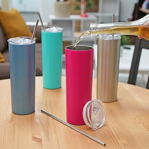 Miniatura 6 de Vasos delgados con aislamiento térmico de doble pared de acero inoxidable de 20 onzas con tapas y popotes, resistentes a derrames, coloridos paquete