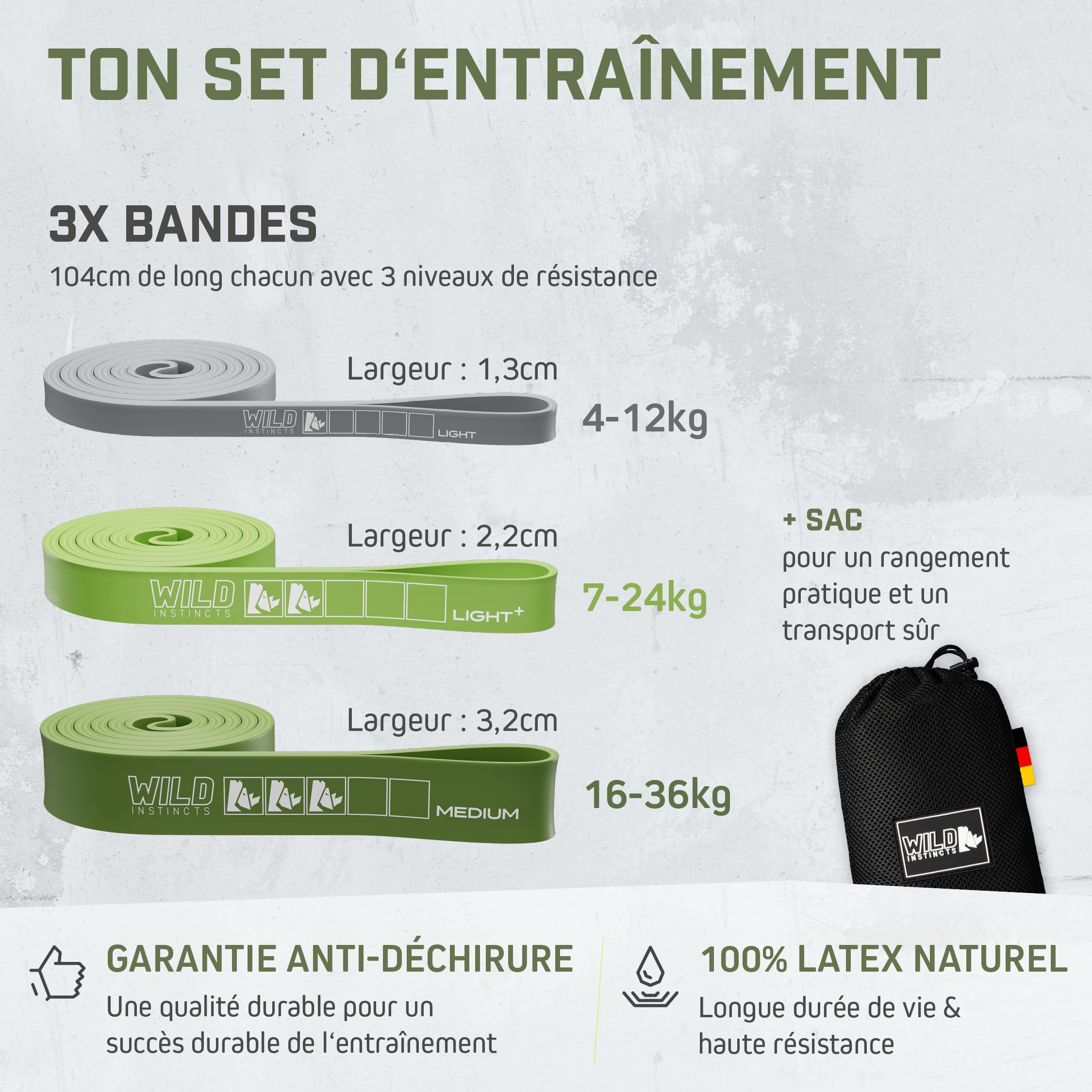 Wild Instincts® Bandes Résistantes pour Tractions/Bandes Élastiques Musculation/Bande Élastique Fitness/Bande Élastique Tractions pour Crossfit & Stretching +Sac
