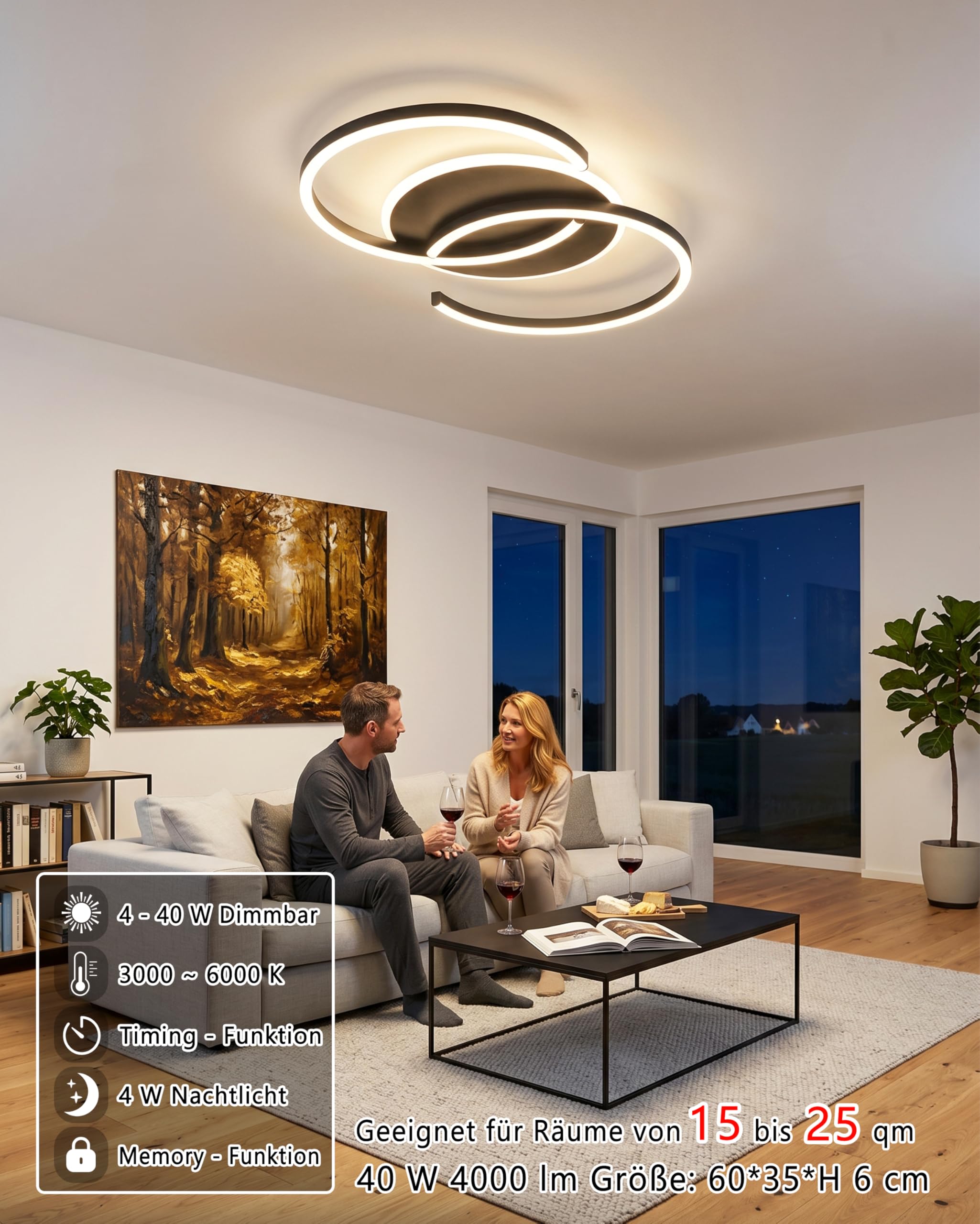 LED Deckenleuchte Dimmbar schwarz „S“ Typ, 60cm 40W Farbtemperatur 3000-6000K, Helligkeit 4-40W, Mit Fernbedienung/Mobile APP, Für Wohnzimmer, Groß Schlafzimmer, Mit Memory-Funktion, 4W Nachtlicht