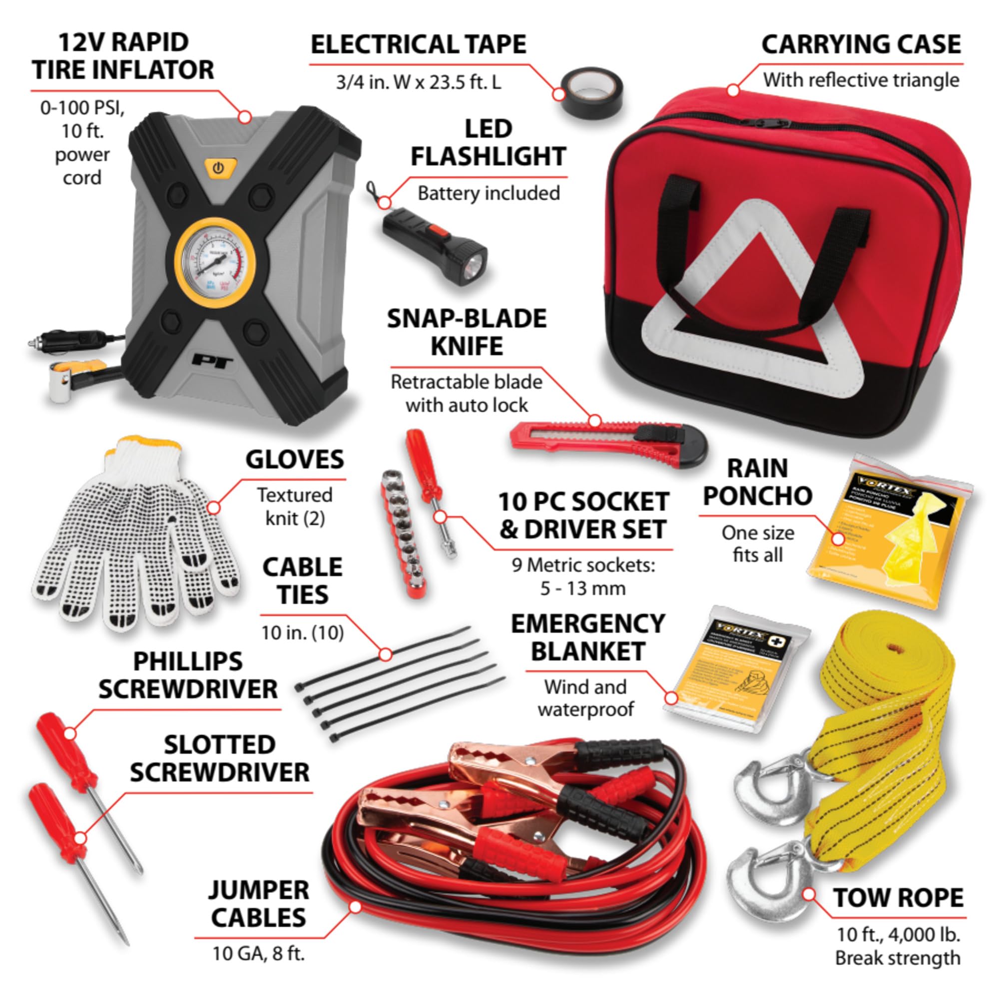 Performance Tool E00013 33 pc. Deluxe Roadside Assistance Kit: Featuring Vortex 12V Rapid Tire Inflator, Booster Cables, Tow Rope, Flashlight, Socket Set, First Aid Kit, Tool Kit and Storage Case