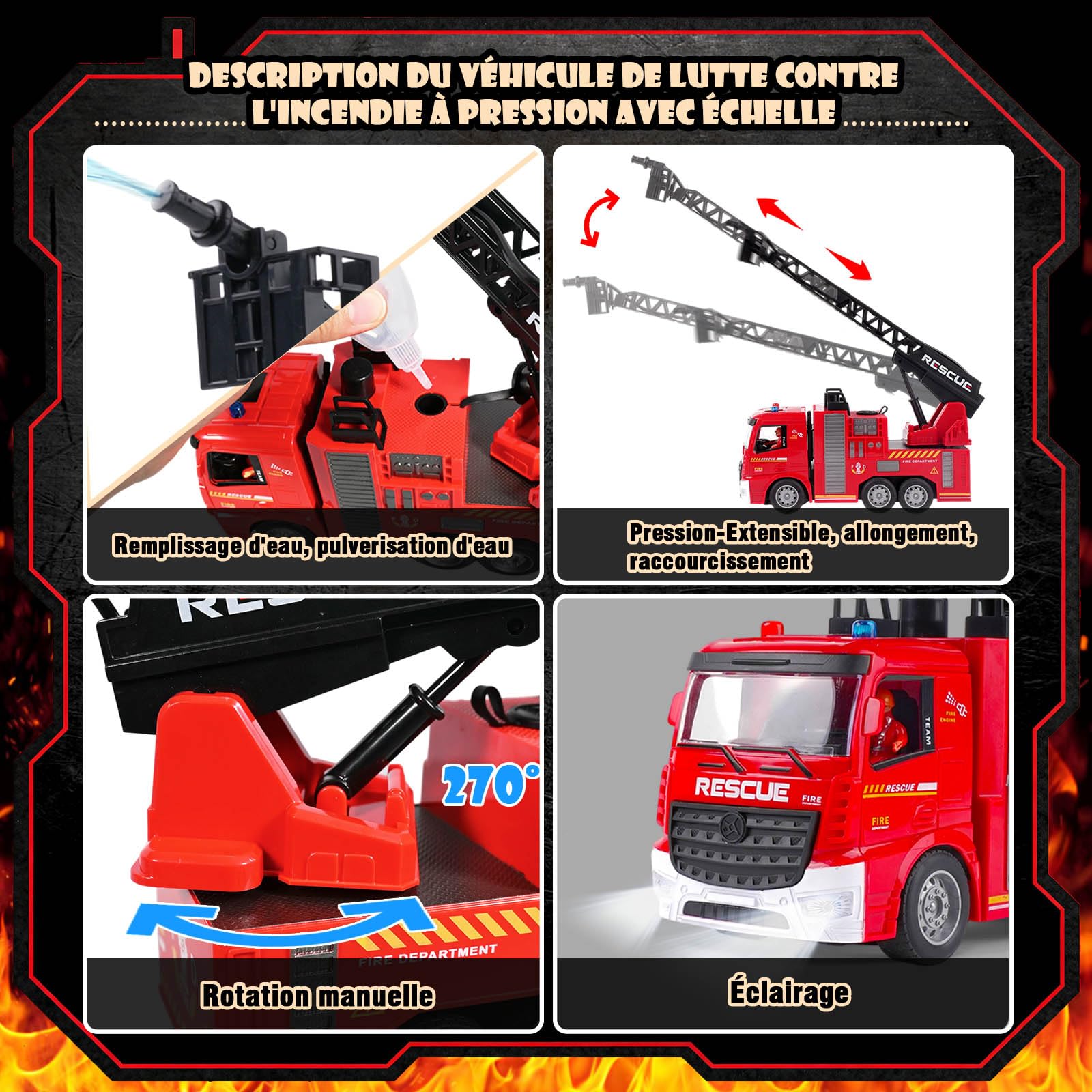 2 Camion Pompier Enfant, Voiture Pompiers Telecommandé avec Pulvérisation d'eau Lumière, Échelle Pivotante, Son Fonction et Pompiers, 2,4GHz Camion Pompier Enfant de 6-12 Ans