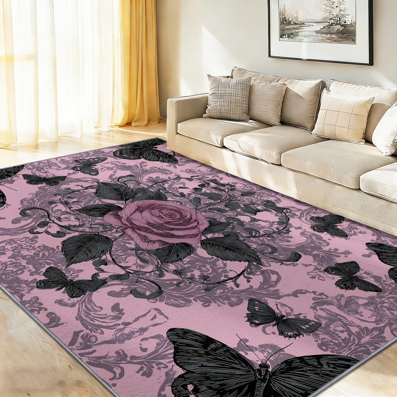 Moquette lavable en machine style shabby chic et motif cachemire violet 80x150