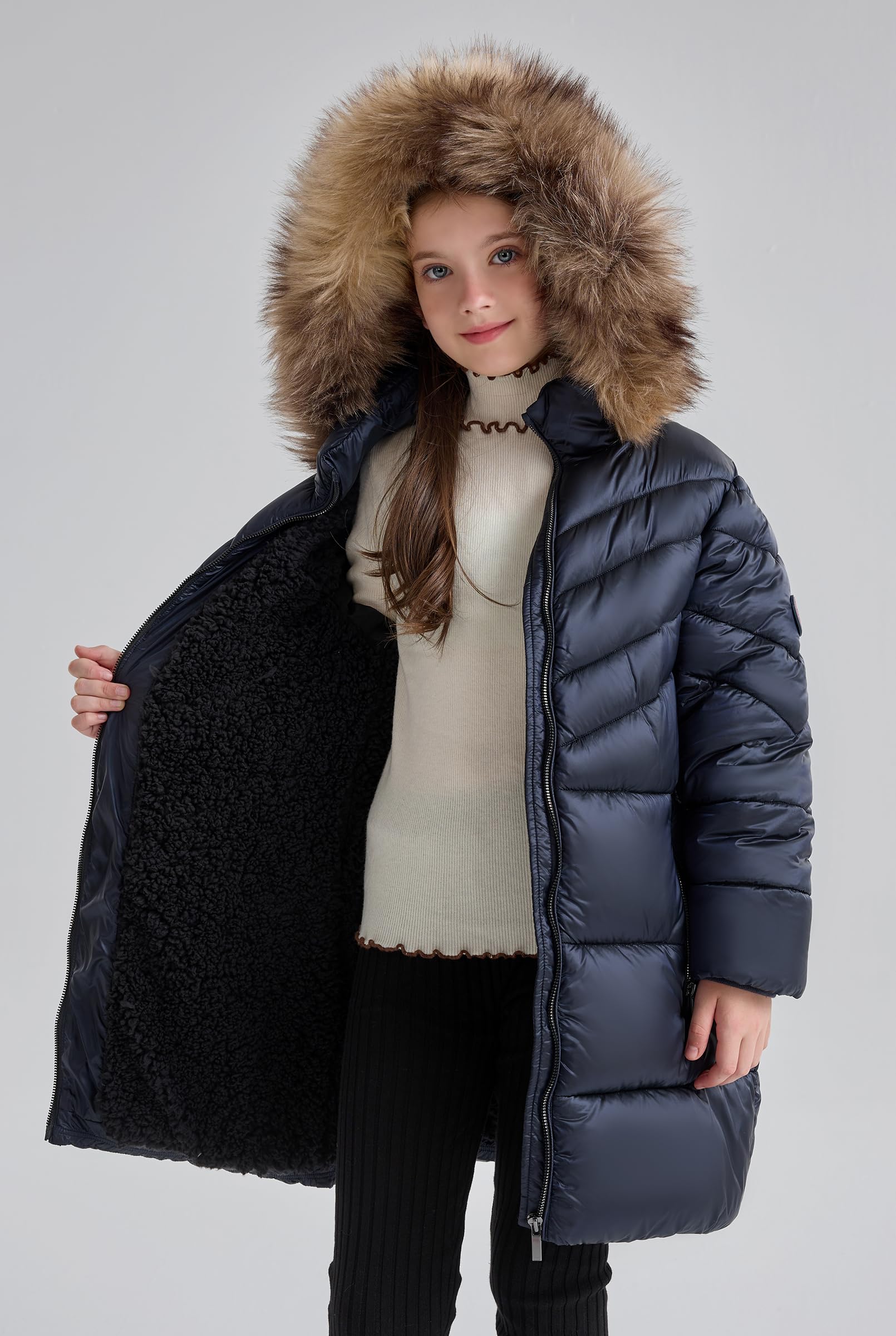 SOLOCOTE Abrigo de invierno acolchado para niñas con capucha de piel sintética, forrado de sherpa, parka resistente al agua y de gran peso