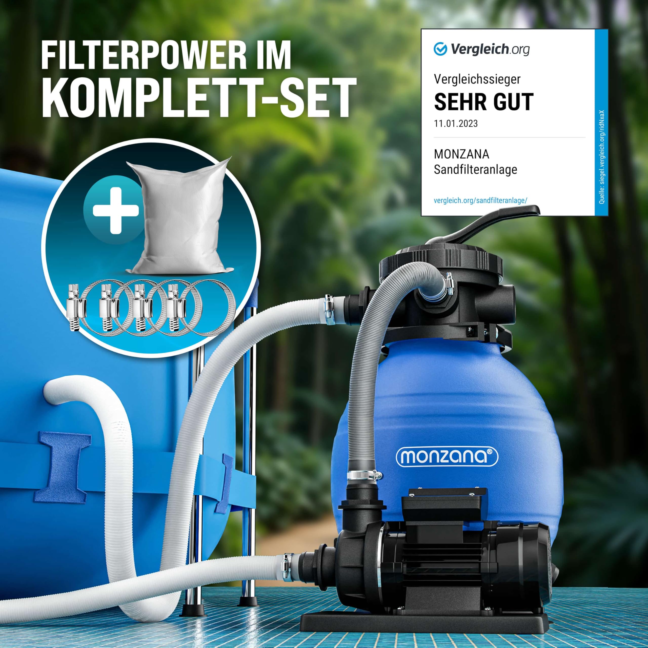 MONZANA® Filtro Acqua per Piscina SF12K 10.200 L/h Fino a 35.000L Vetro Filtrante Incl. Valvola a 7 Vie Adattatore 2in1 Ø32-38mm Pompa di Filtraggio 450W Filtri Piscine Fuori Terra Pompe Filtranti