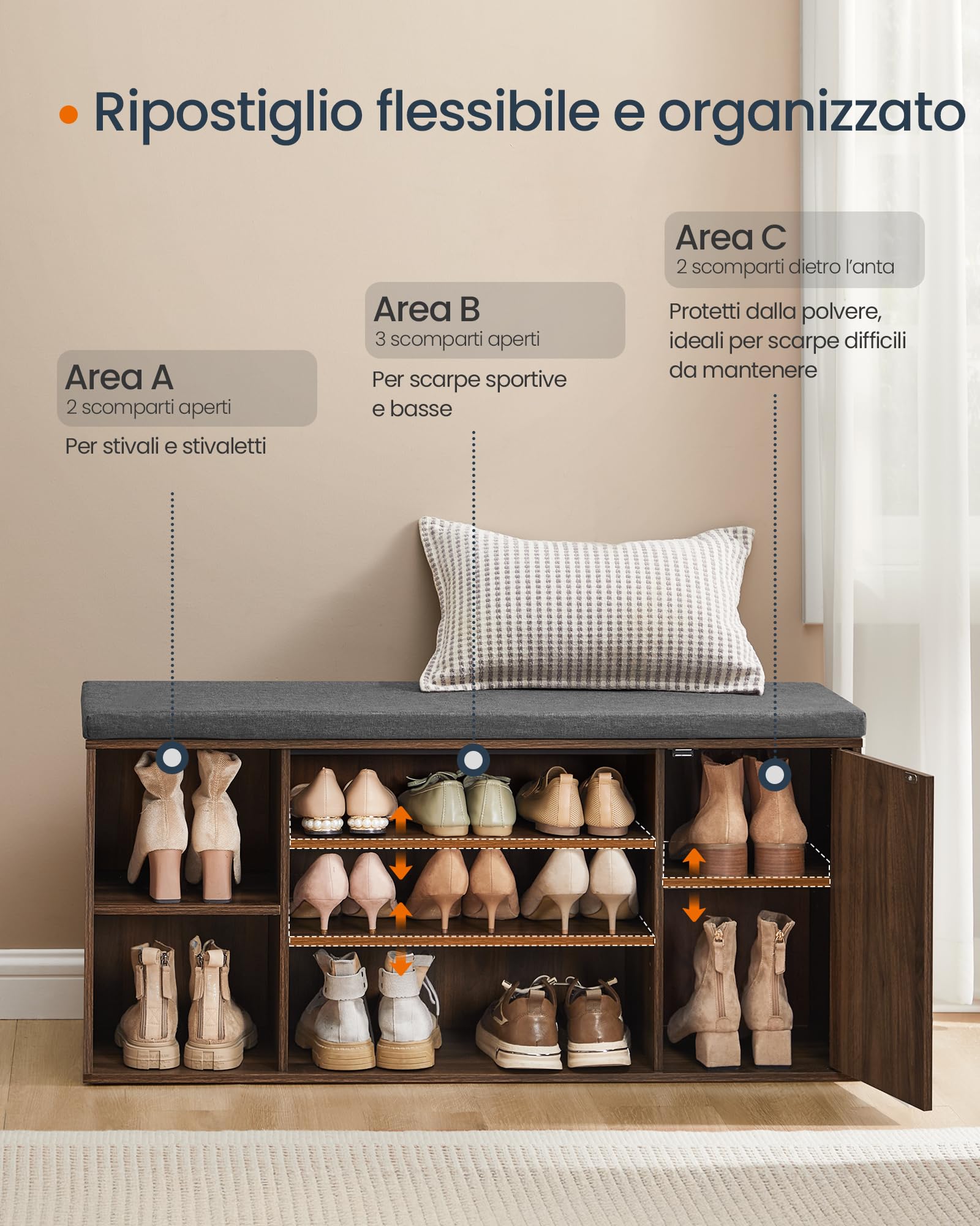 SONGMICS HOME Panca Scarpiera, Montaggio Rapido Senza Attrezzi Toolless, Panchina con Scomparti Aperti, Ripiani Regolabili, Portascarpe, Bianco Neve e Grigio Ardesia LHS391WE01