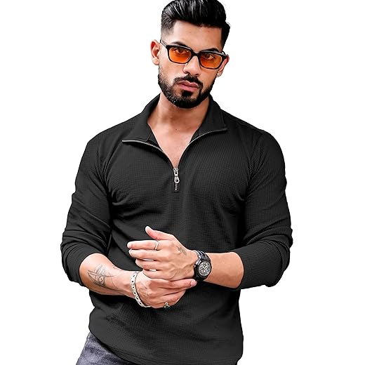 KAJARU Men's Polyester Blend T Shirt with Spread Collar Neck Line Zipper Closure Full Sleeves Solid Pattern Regular Fit and Standard Length