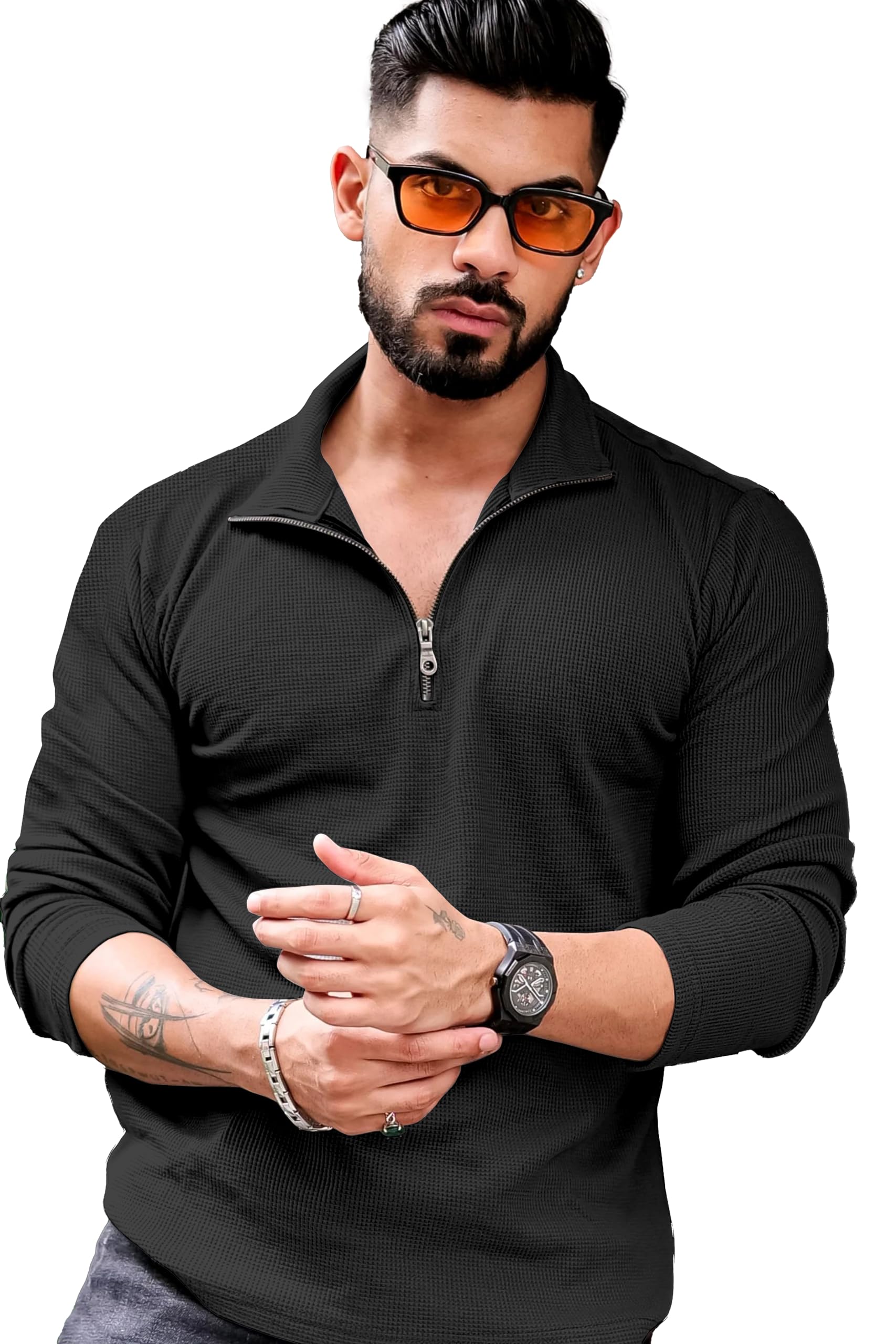 KAJARU Men's Polyester Blend T Shirt with Spread Collar Neck Line Zipper Closure Full Sleeves Solid Pattern Regular Fit and Standard Length-image-41
