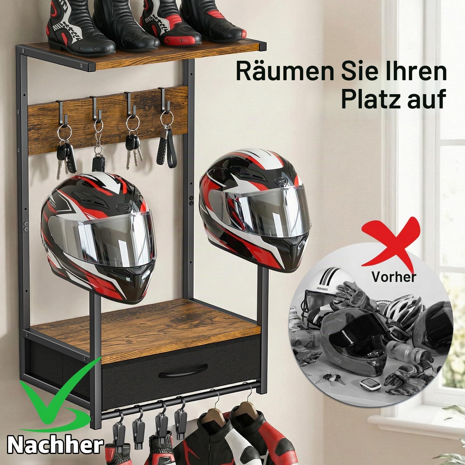 Housolution Motorradhelm Wandhalterung mit Stoffschublade | 4 Handschuhchips und 4 Haken für Reitanzüge & Zubehör, Helmständer Display für Fahrrad-, Baseball- und Rugbyhelme