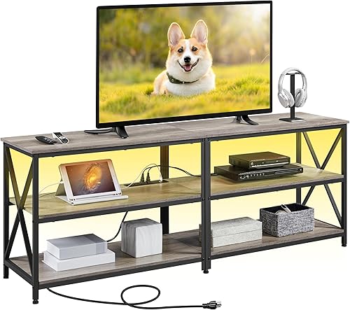 Miniatura 10 de Yaheetech Soporte de TV con toma de corriente, centro de entretenimiento industrial con luces LED para TV de 65 pulgadas, consola de TV de 3 niveles