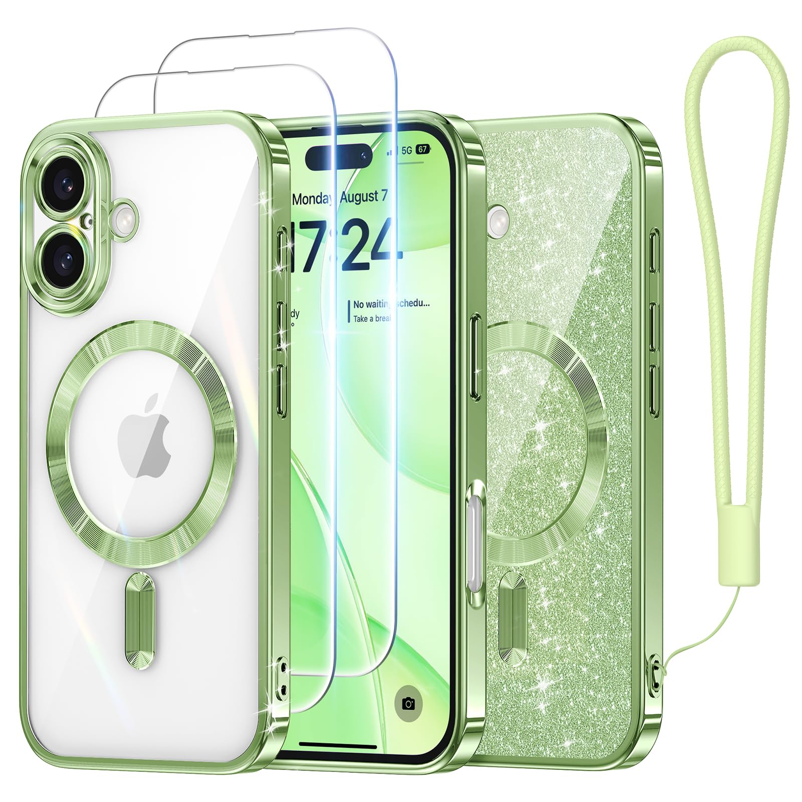 Meifigno Case Designed for iPhone 16 6.1 inch, [Compatible with MagSafe] [2X Screen Protectors] [Glitter Card & Wrist Strap] Surround Lens Protection