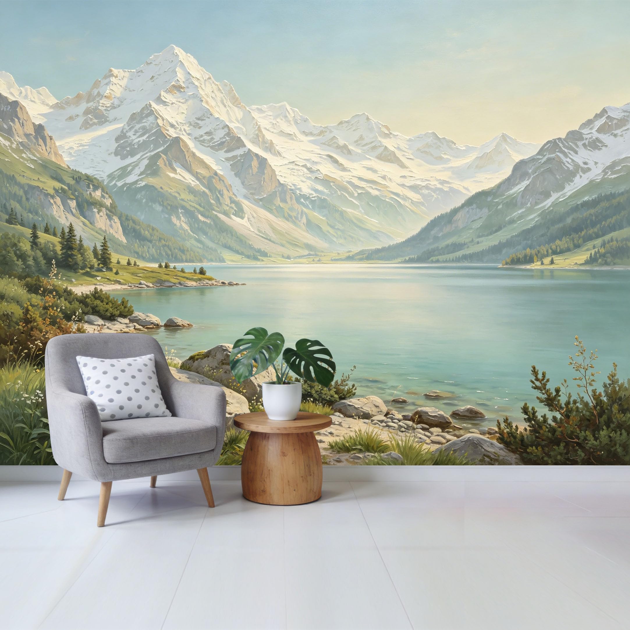 Custom Size Wall Mural Majestic Snowy Mountain Lake Landscape Oil Painting Style SelfAdhesive Wall Fabric Removable Wallpaper for Home Office Decor