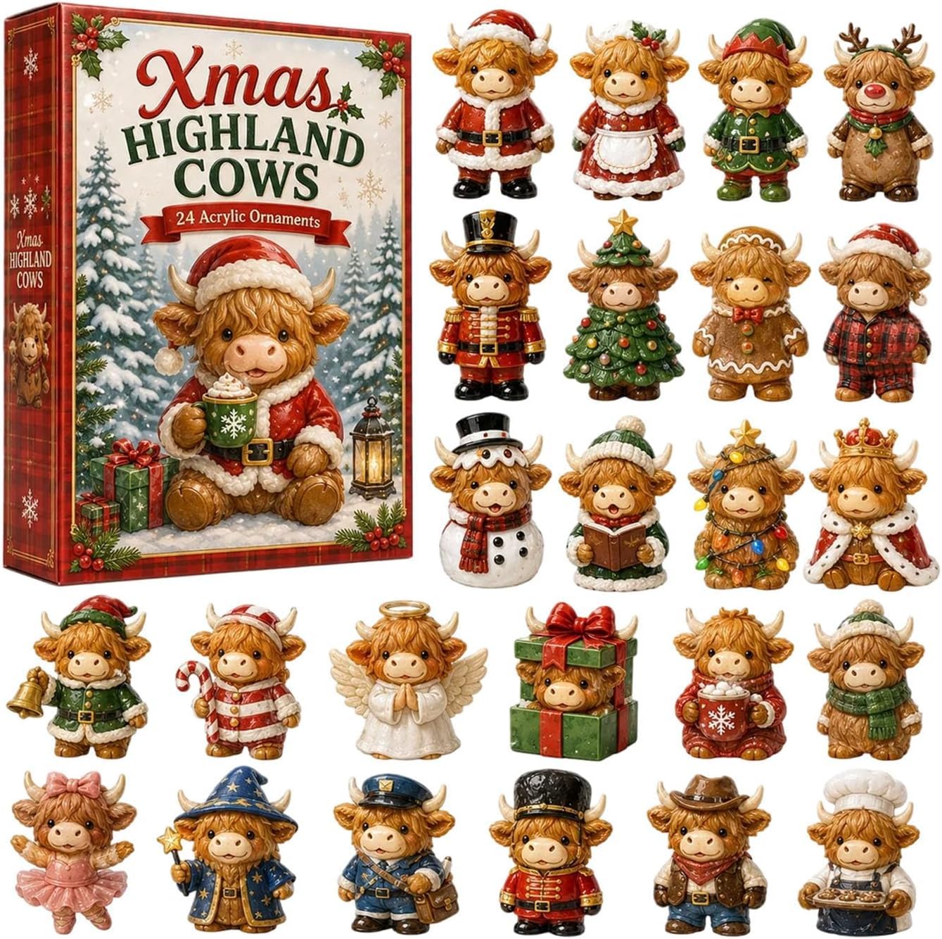 Highland Cow Advent Calendars 2026, 24 Days Christmas Countdown Calendar 2D Acrylic Cute Animal Theme Farmhouse Rustic Decor, Reusable Halloween Countdown Display, Cow Lover Gift，#B