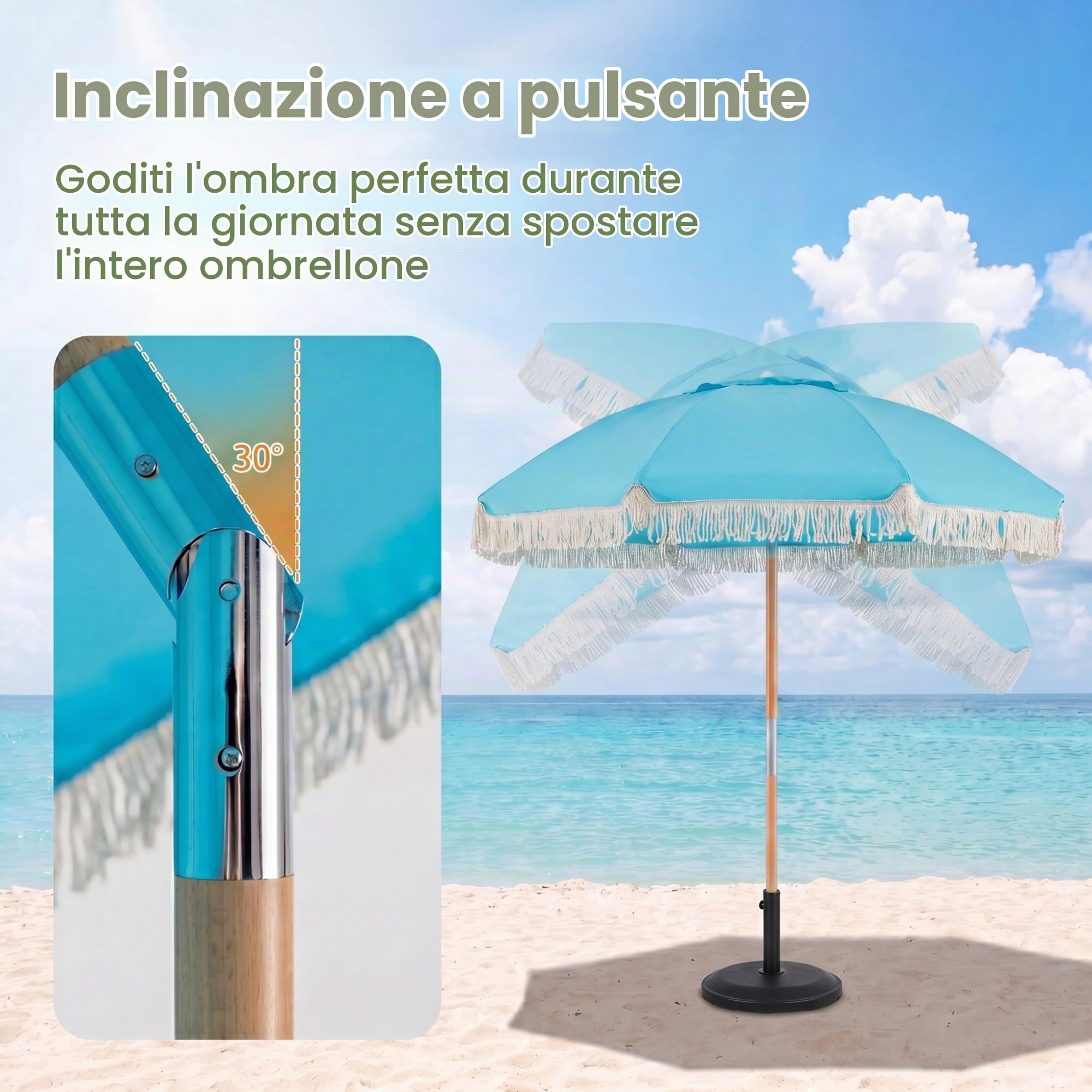 KOMFOTTEU Ombrellone da spiaggia 170 cm, ombrellone rotondo con bastone di legno, ombrellone terrazza esterna inclinabile a 30° con 8 aste e doppio strato ventilato, per giardino, balcone