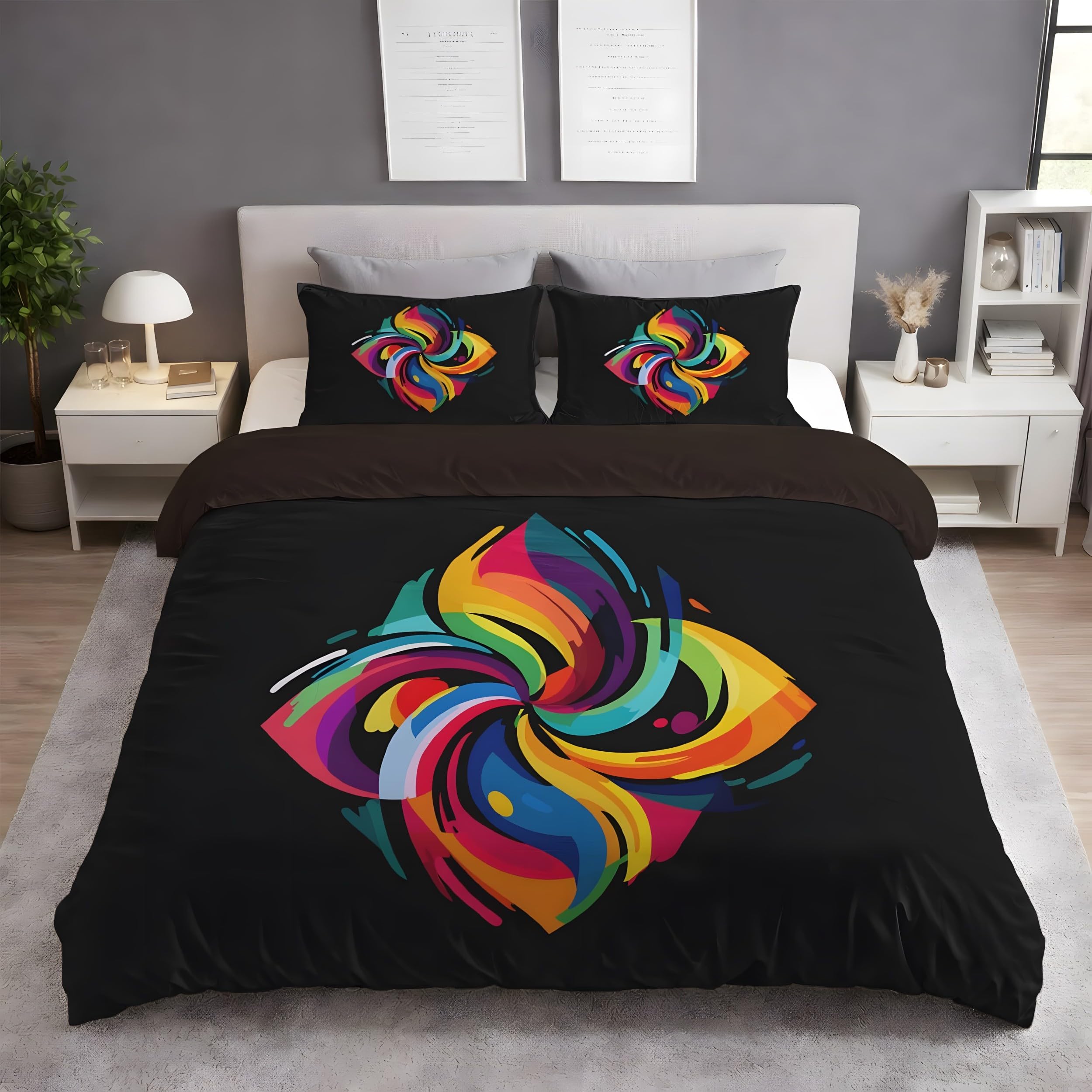 YZQGLHP Rainbow Swirl Super King Duvet Cover Black Bedding Set Soft Cozy Microfibre Duvet Covers 260x220 with Zipper Closure and 2 Pillowcases 50x75cm