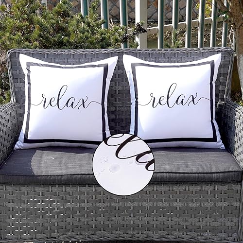 Miniatura 7 de ONWAY Juego de 4 fundas de almohada impermeables para exteriores, 18 x 18 pulgadas, color blanco y negro, para muebles de patio, jardín, sofá,