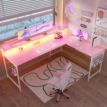 Pamray 64 Inch L Shaped Gaming Desk with Power Outlets and Led Lights, Large Corner Computer Desk with Monitor Stand and Pegboard, PC Table for Home Office and Bedroom Pink