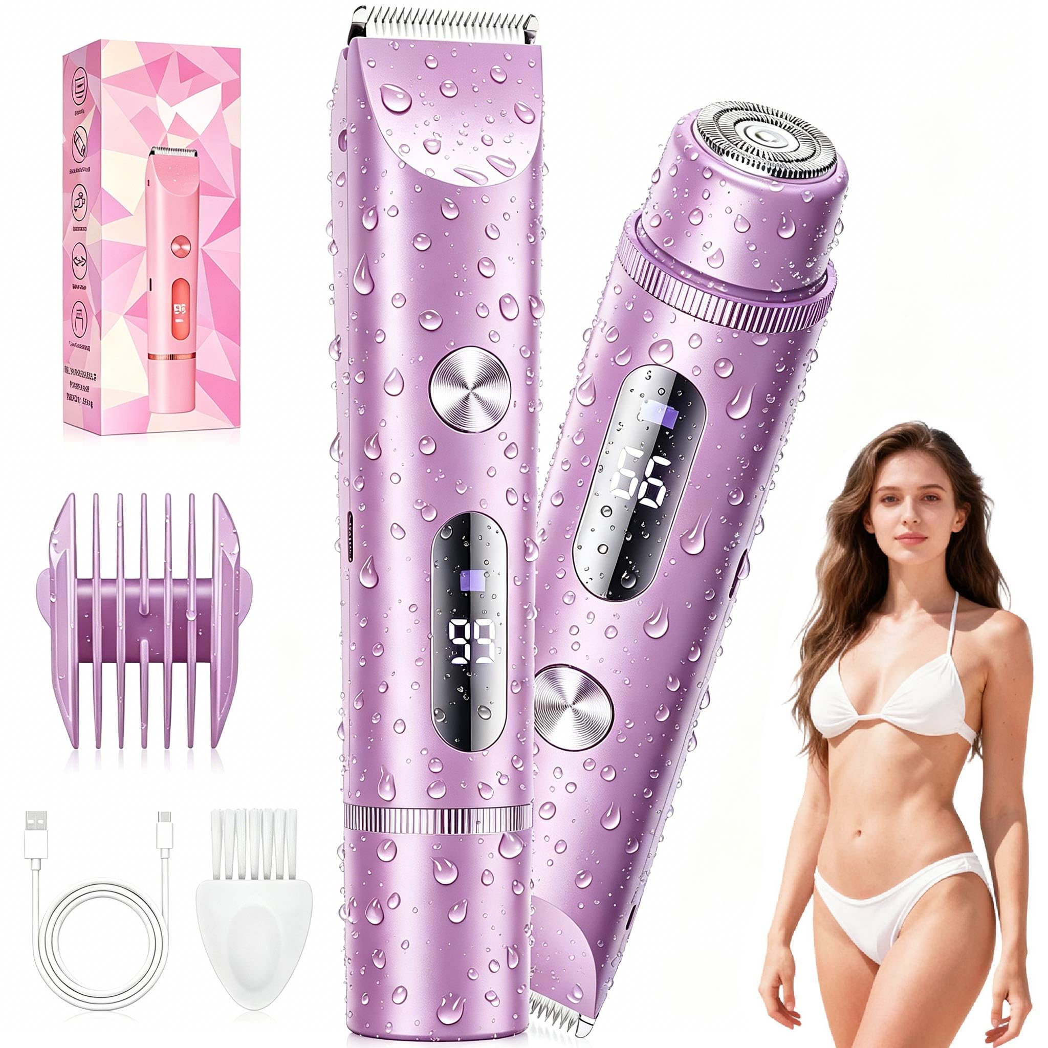Bikini Trimmer for Women, Rechargeable 2-in-1 Electric Razor for Shower&amp; Travel, IPX7 Waterproof Painless Hair Removal for Bikini Line, Legs, Underarms, Wet &amp; Dry Cordless Ceramic Blade, Purple