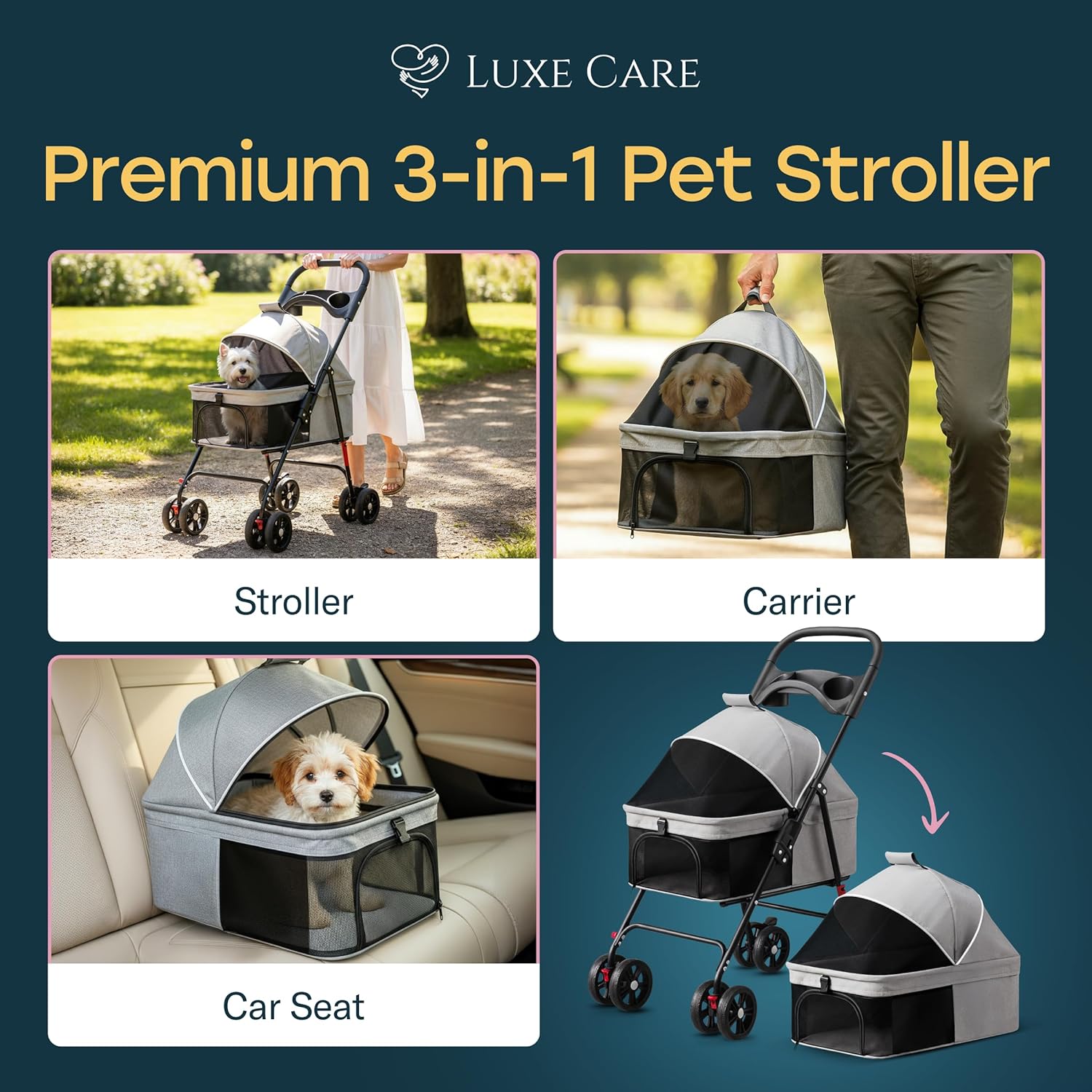 4 wheel foldable pet stroller - lightweight dogs and cats stroller upto 44lbs with mesh canopy, storage basket and cup holder, durable for walks and outings (small) small (44 pound)