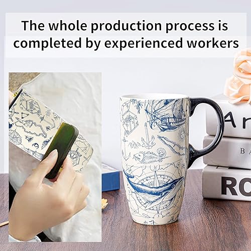 Miniatura 6 de Topadorn Taza de cerámica de porcelana con latte de té, taza de café con caja de regalo, 17 onzas. Taza de viaje con tapa, estilo vintage de