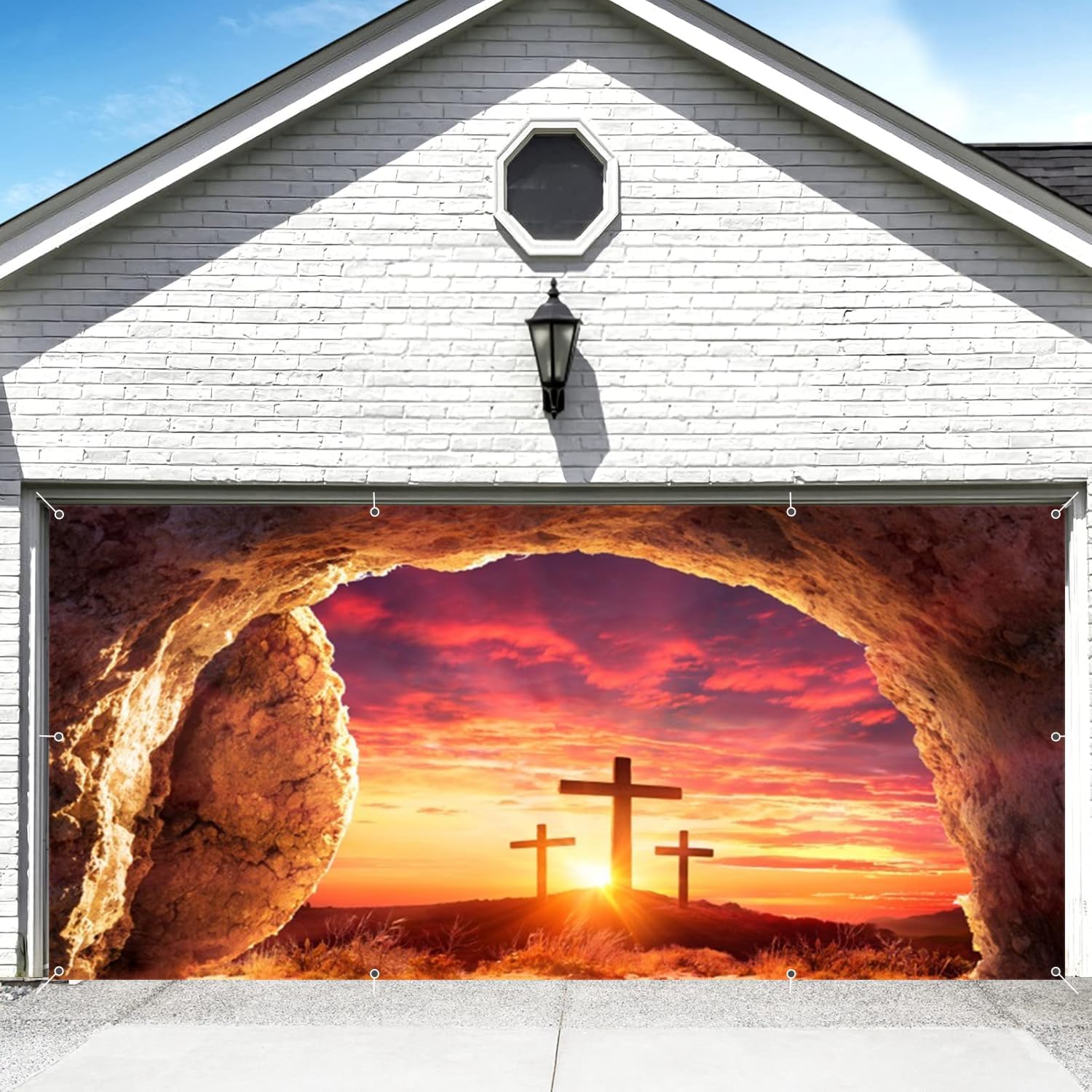 He is Risen Easter Garage Door Cover Banner Decorations Backdrop 8x16ft Large Jesus Easter Christ Cross Holy Light Jesus Tomb Sunrise Garage Door Banner Church Events Outdoor Garage Door Decorations