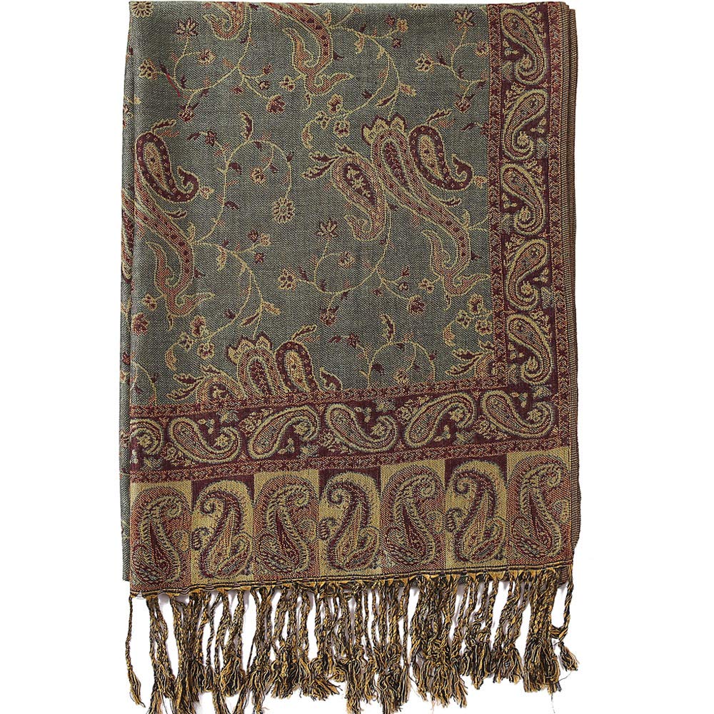 Becolored Paisley Flowers Borders Pattern Pashmina Silk Scarf Shawl Wrap Blanket Reversible Comfortable With Fringes, 17-sage Green, Large