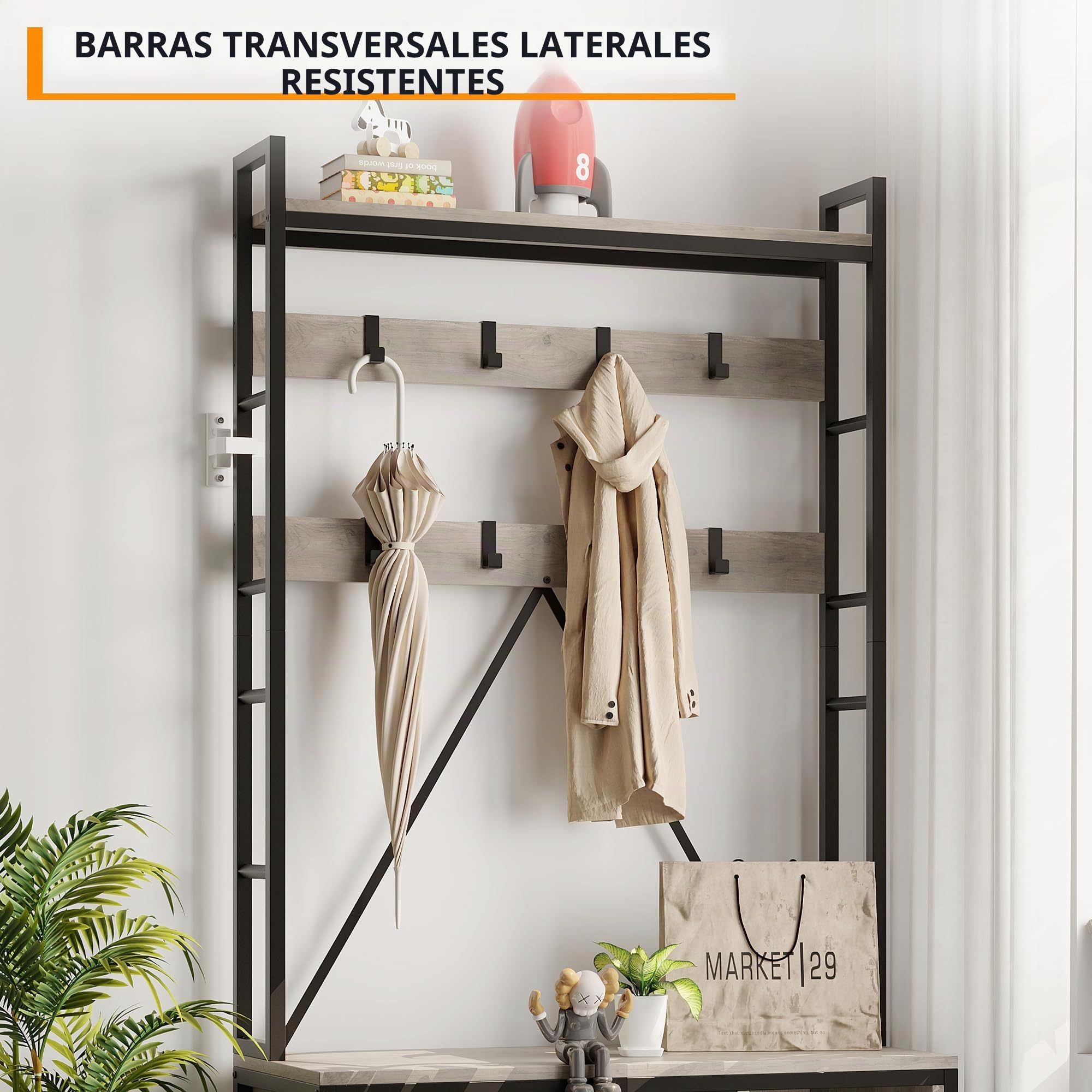 Garvee Perchero Recibidor Con Banco y Zapatero, Mueble Entrada Industrial De Madera y Metal, Organizador Con Estante y Ganchos, Perchero Independiente De Pie Para Entrada y Pasillo, Gris