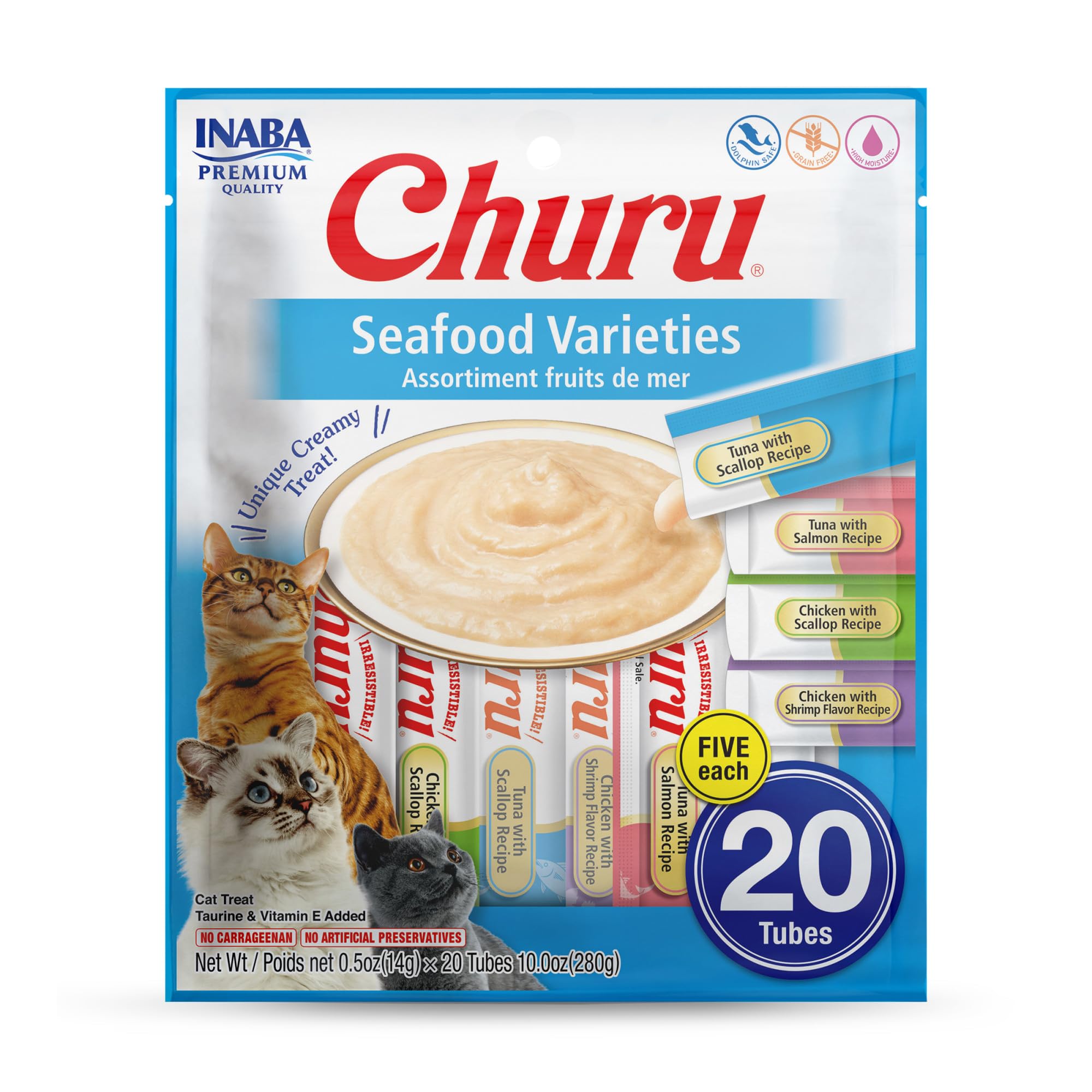 INABA Churu Cat Treats, Lickable, Squeezable Creamy Purée Cat Treat with Green Tea Extract &amp; Taurine, 0.5 Ounces Each Tube, 20 Tubes, Seafood Variety