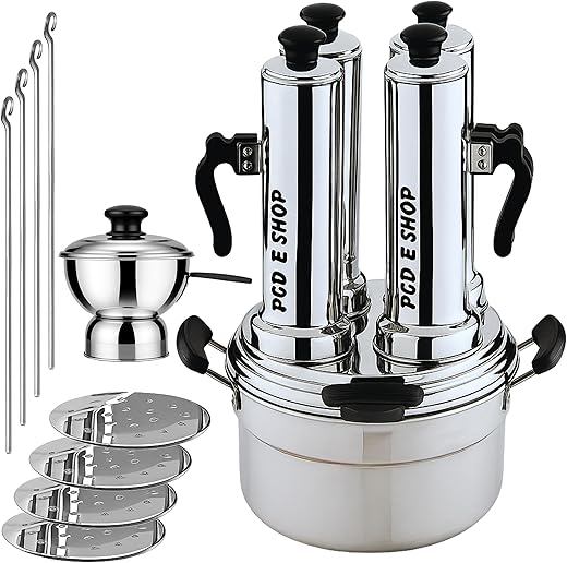 PGD Food Grade Stainless Steel 4 in 1 Puttu Maker Set of Puttu kudam, 4 Tubular Kuzhal, Steamer Plate, Plastic Stick, Black Plastic Handle, Silver Lid & Bakelite knob (4 in 1 Puttu with 1 Cup)