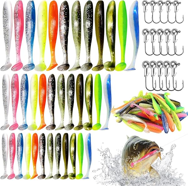 Ensemble de Leurres de Pêche 87 pièces Leurre Souple Leurre Peche Carnassier pour Barracuda avec Têtes Plombées et Accessoires de Pêche Kit de Leurres en Plastique Souple pour Bar Peche Carpe Truite - 1