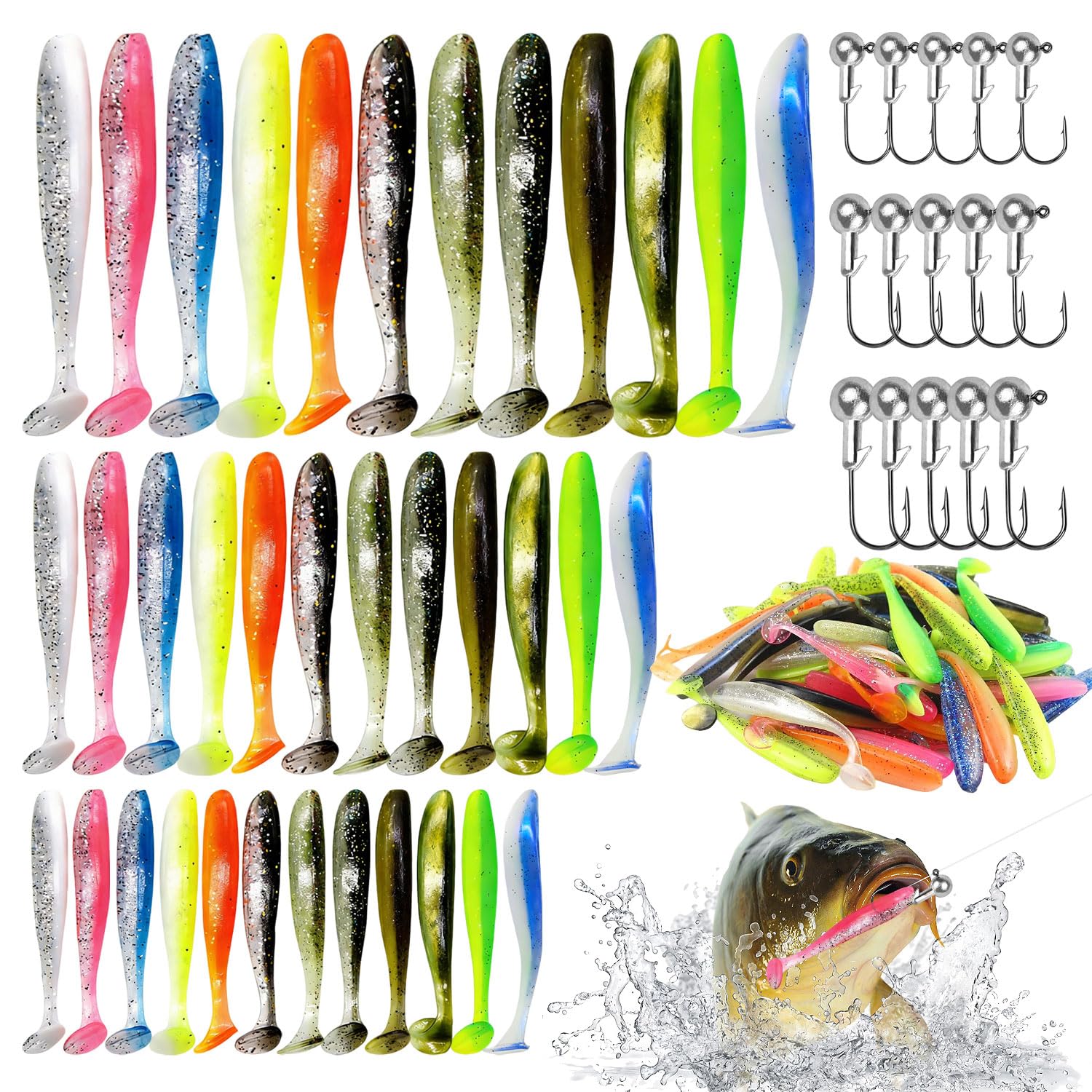 Ensemble de Leurres de Pêche 87 pièces Leurre Souple Leurre Peche Carnassier pour Barracuda avec Têtes Plombées et Accessoires de Pêche Kit de Leurres en Plastique Souple pour Bar Peche Carpe Truite