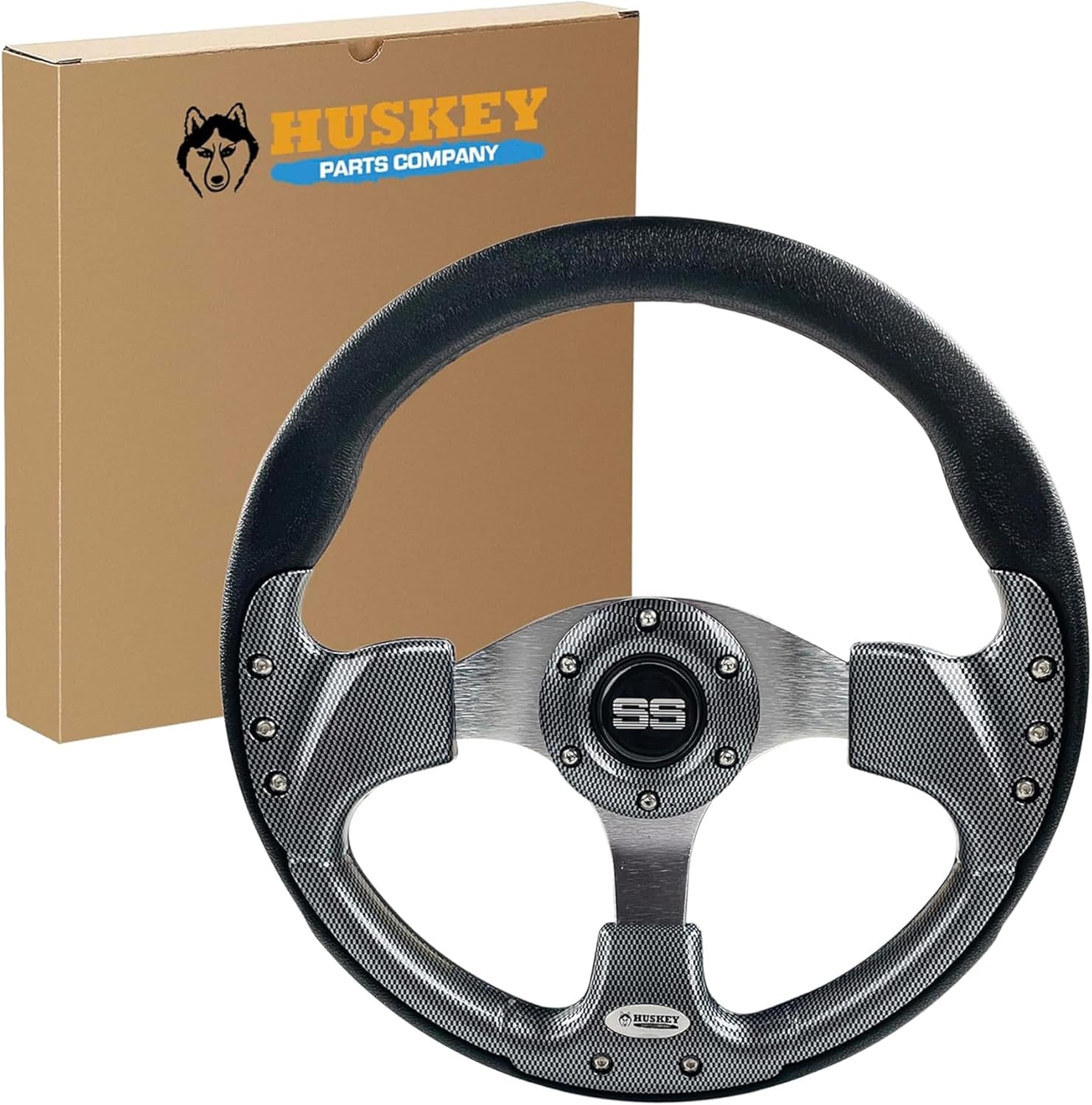 Huskey 12.5 Inch Racing Style Carbon Fiber Golf Cart Steering Wheel Compatible with Club Car/EZGO/Yamaha,Classic SS Center Logo,Aluminum Spokes and Anti-Slip Grip(Adapter Required andSoldSeparately)