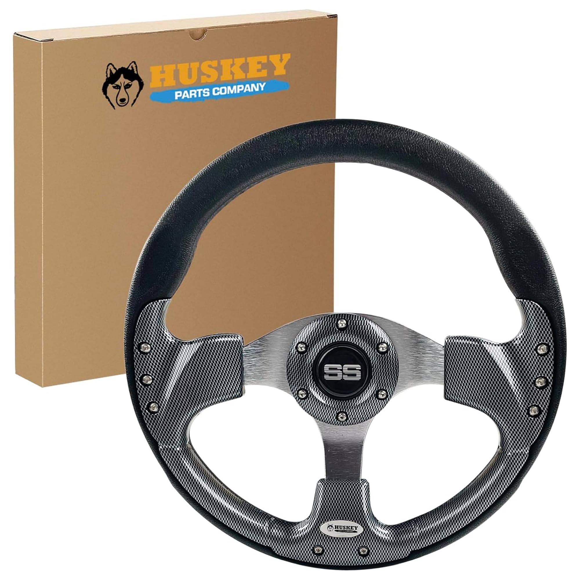 Huskey 12.5 Inch Racing Style Carbon Fiber Golf Cart Steering Wheel Compatible with Club Car/EZGO/Yamaha,Classic SS Center Logo,Aluminum Spokes and Anti-Slip Grip(Adapter Required andSoldSeparately)