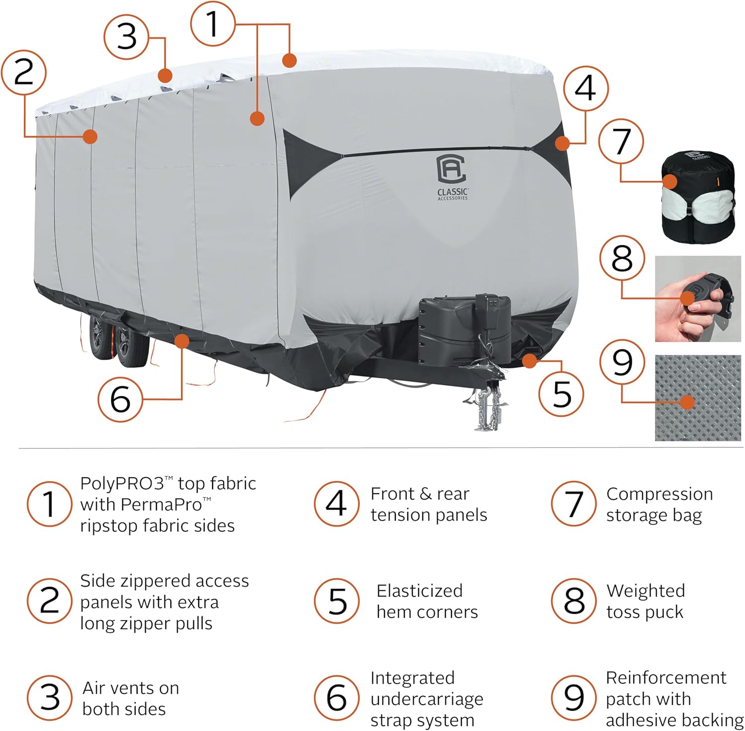 Classic Accessories Over Drive SkyShield™ Deluxe Water-Repellent Travel Trailer Cover, Fits 33' - 35'L x 124"H, Model 7T, Camper RV Cover, All Season Protection for Motorhome, Black/Grey/White