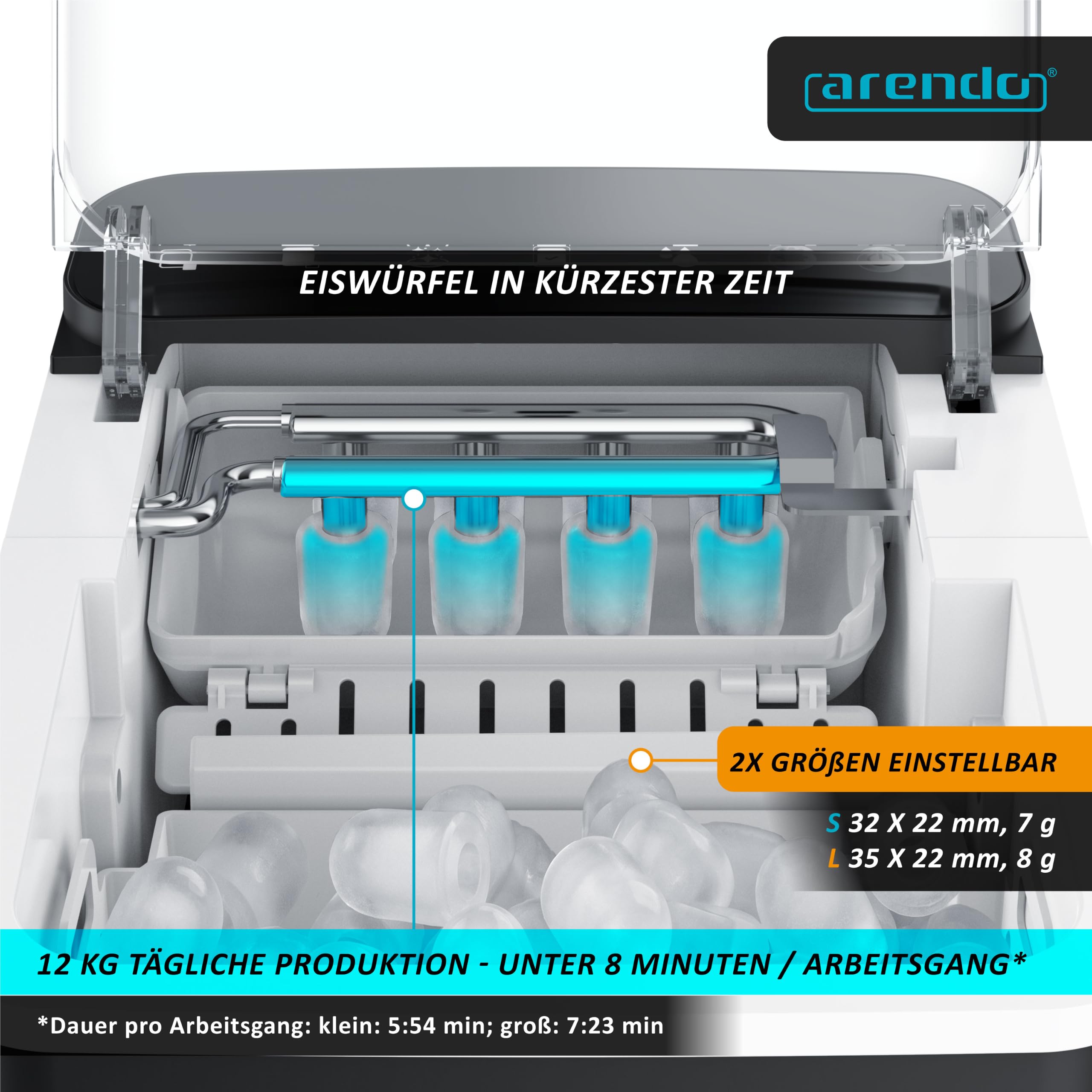 Arendo – Eiswürfelmaschine – Ice Cube Maker – 150 W – 12 kg Eis pro Tag – Automatische Abschaltfunktion – Warnfunktion – kleine Eiswürfel oder große Eiswürfel – leiser Betrieb