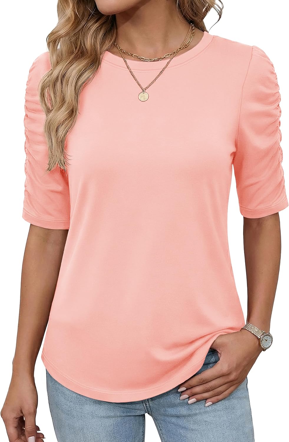 YUCOLEN Women's Crewneck T-Shirt Ruffle Half Sleeve Tops 2026 Casual Curved Hem Blouse Tee Shirts - Image 2