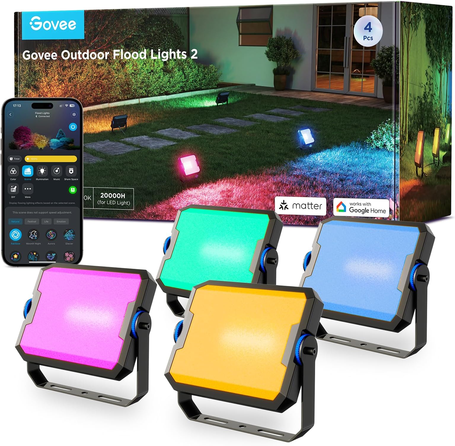 Outdoor Flood Lights 2, RGBIC Floodlight Warm White with Alexa, Google Home, Matter, 50+ Scene Led Floodlight, Upgrated IP66 Waterproof Outdoor Led Lights for Garden, Courtyard, Landscap, 4 Pcs