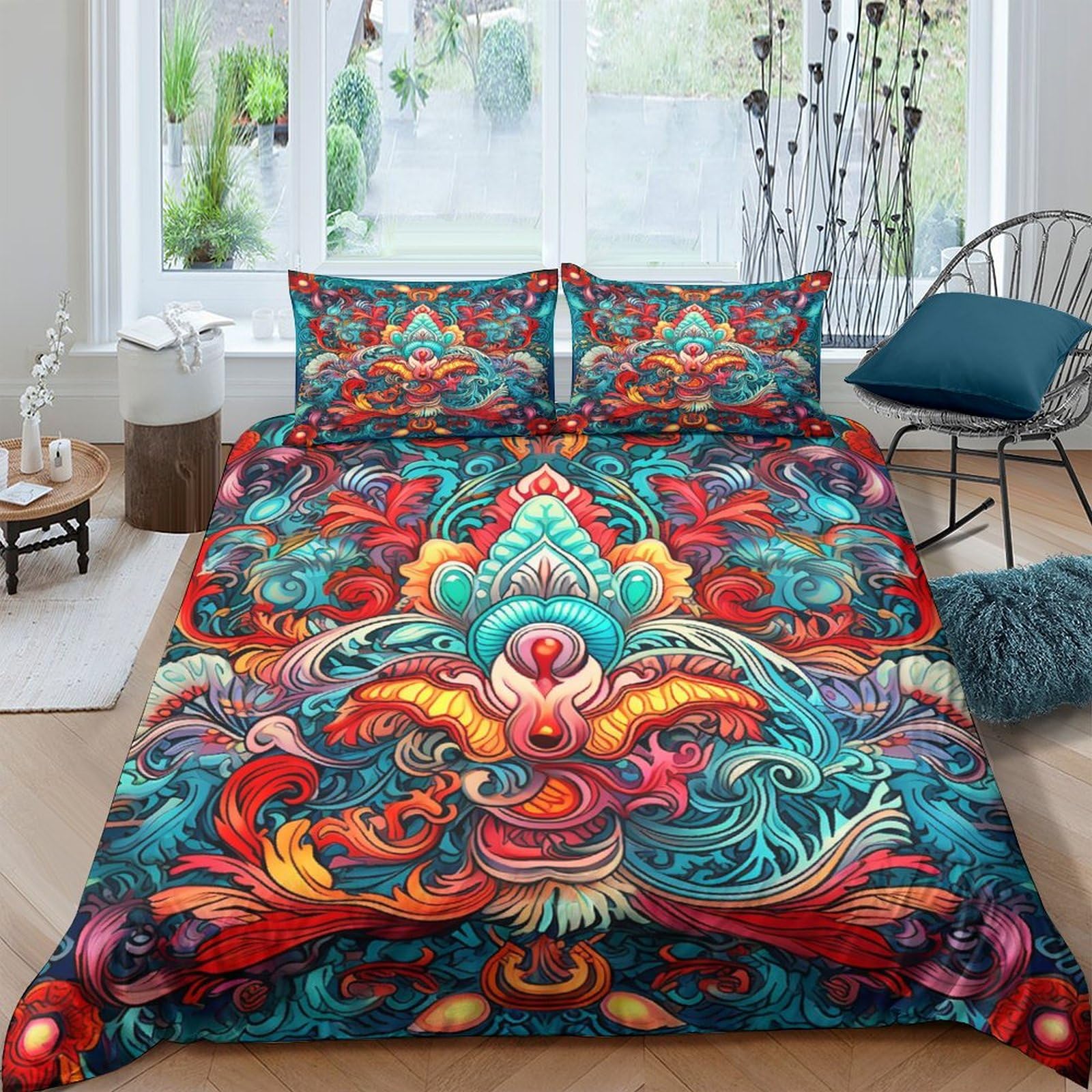 Housses De Couettes style chinois 3D 200x200 Parure de Lit 3 Pièces Microfibre pour Adultes Enfants