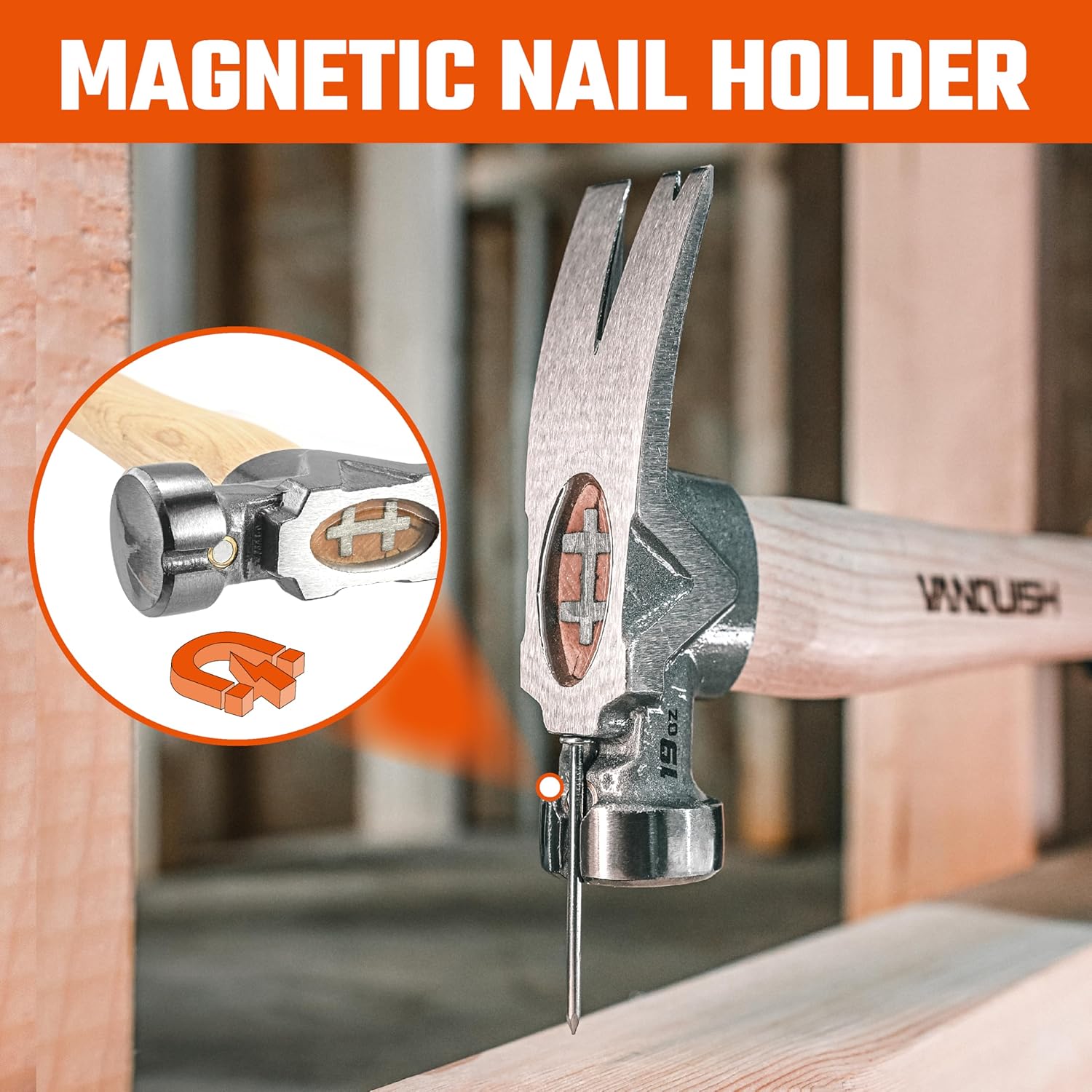 VANQUISH Framing Hammer 19oz Curved Hickory Handle Straight Rip Claw with Smooth Face & Shock Reduction Grip, Claw Hammer with Magnetic Nail Holder, 0624