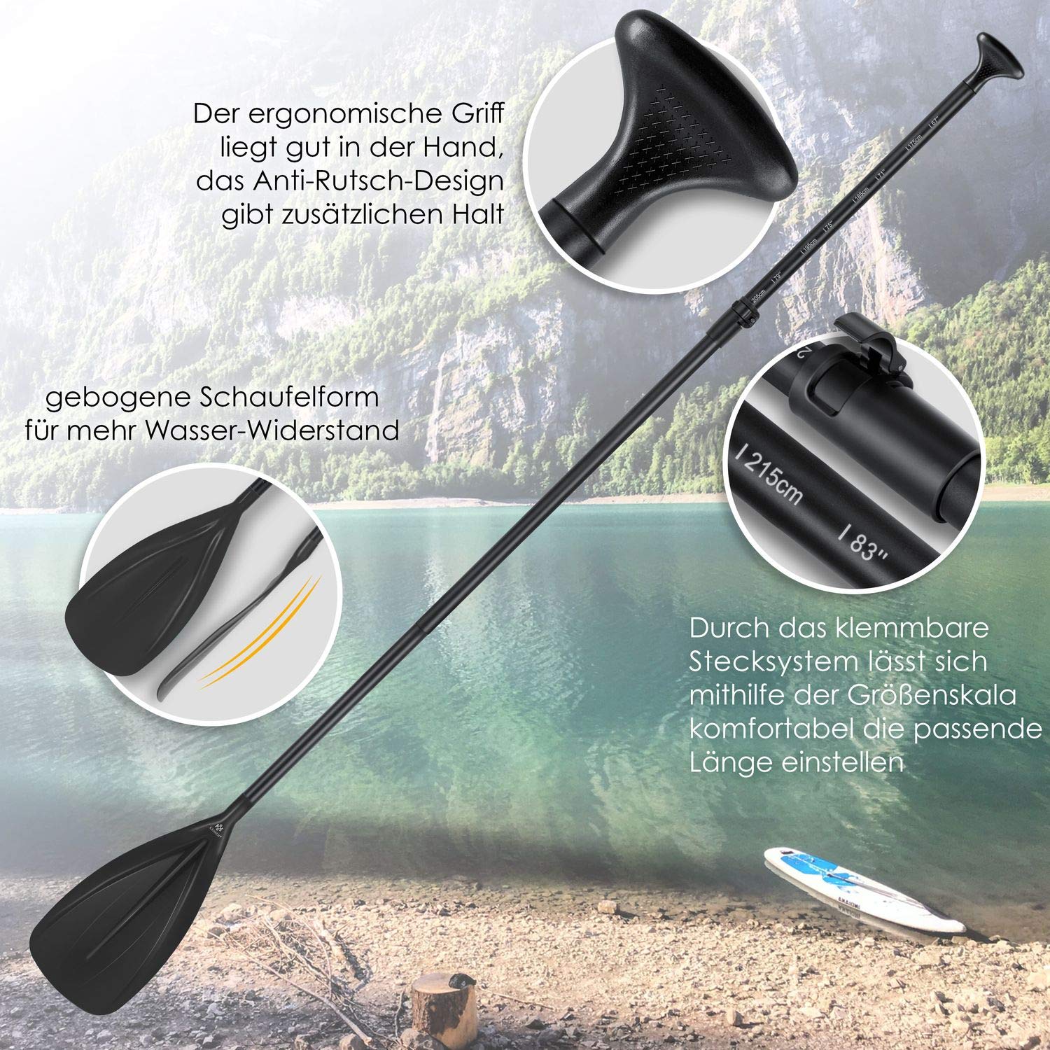 KESSER® Paddle - 3-teilig für Kayak SUP Stand-Up Paddling Board Stechpaddel, Verstellbar Teleskop 165cm-215cm Aluminum für Stand Up Paddel Kajakfahren Surfboard Boot Anti-Rutsch Stecksystem